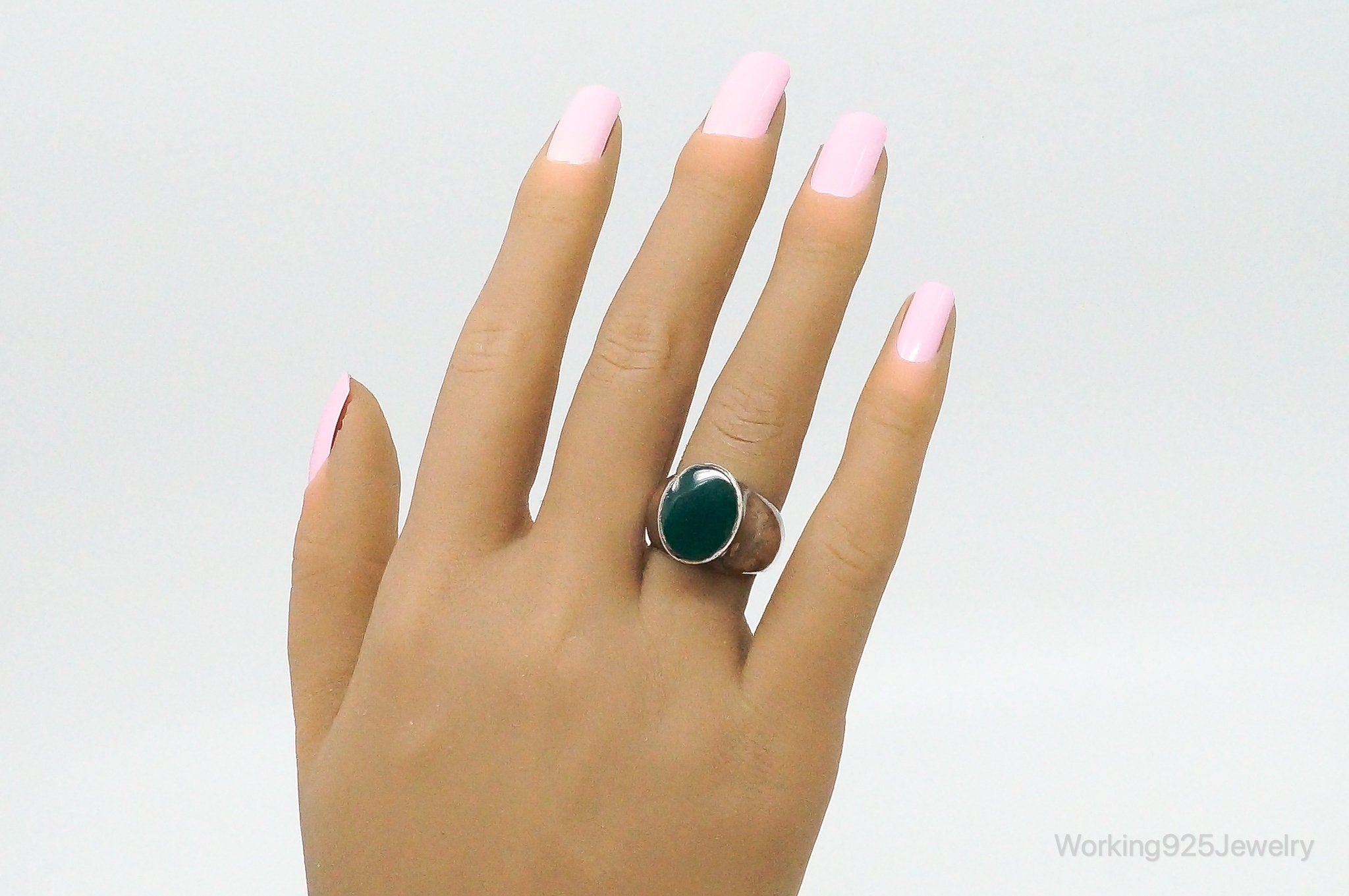 Vintage Tall Green Onyx Modernist Sterling Silver Ring - Size 6.25