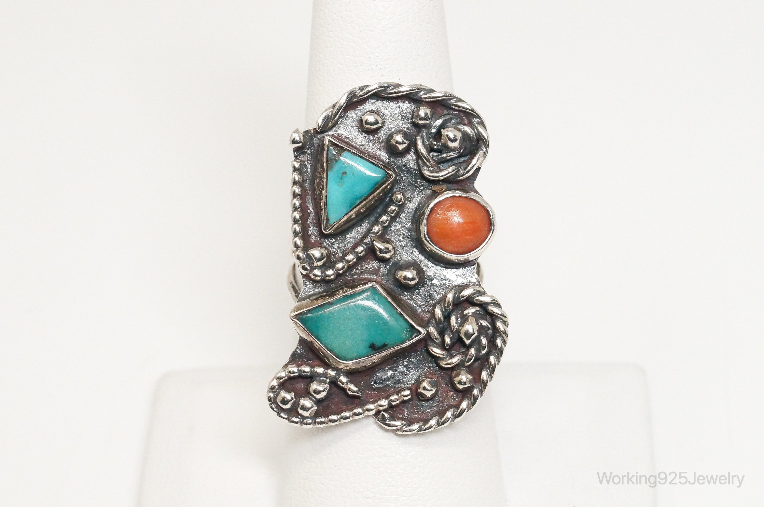 Vintage Native American Turquoise Coral Unsigned Sterling Silver Ring - Sz 7