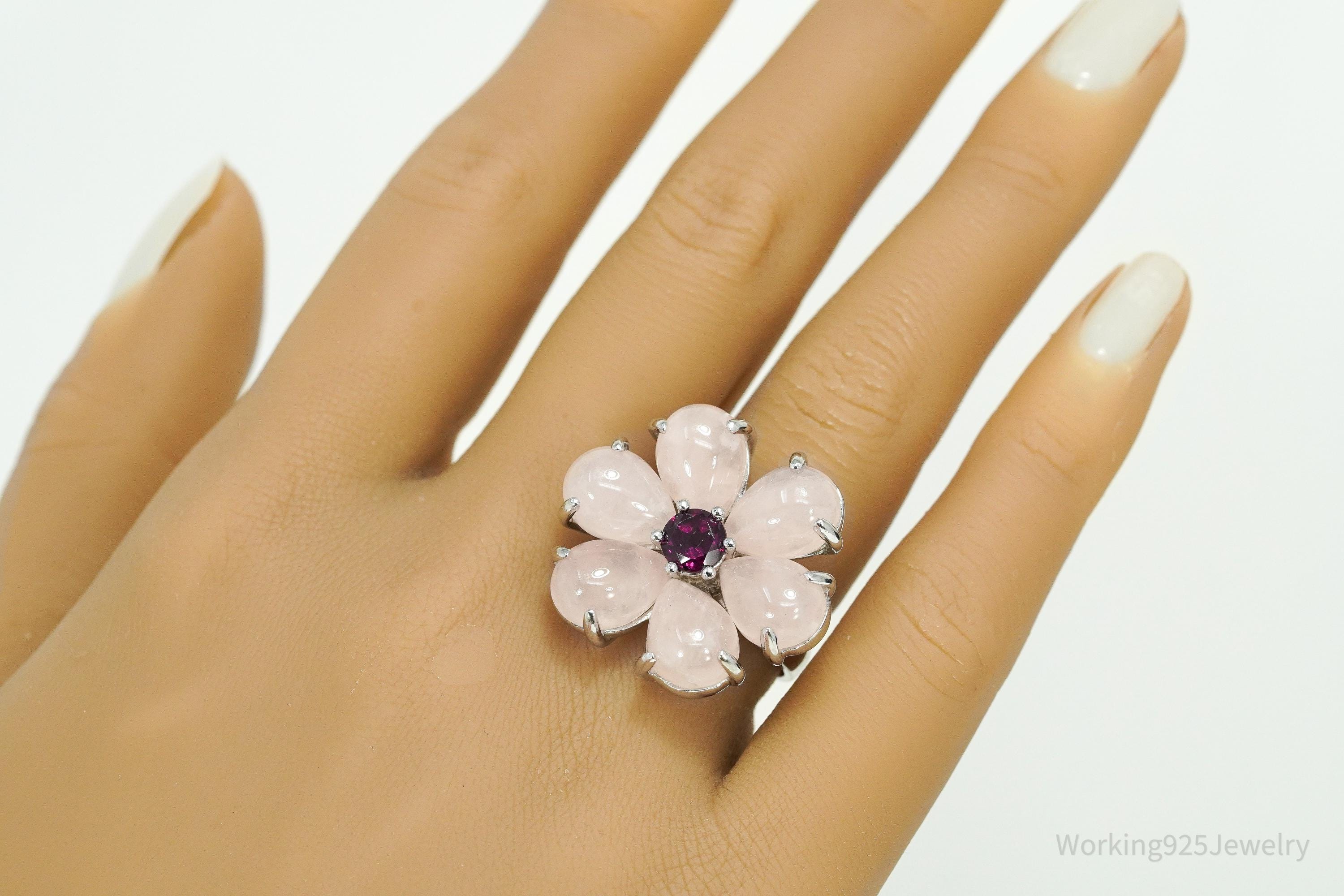 Rose Quartz & Rhodolite Garnet Sterling Silver Flower Ring - Size 7