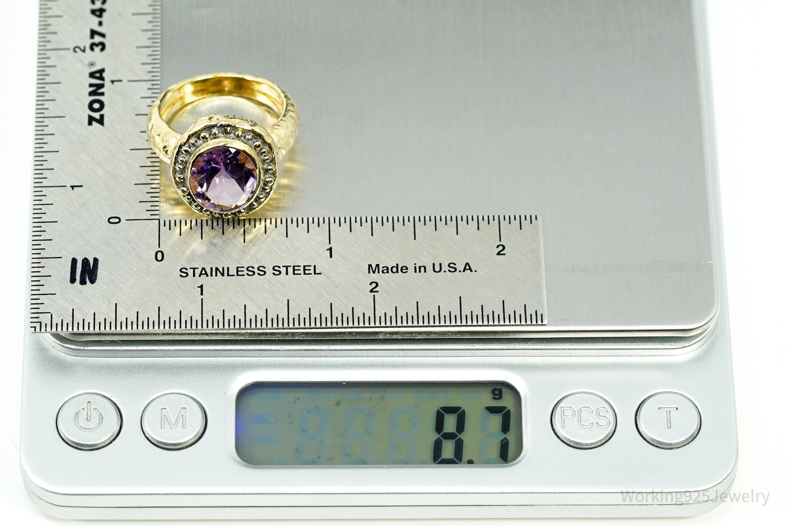 Vintage Italian Designer Amethyst Gold Vermeil Sterling Silver Ring - Size 8