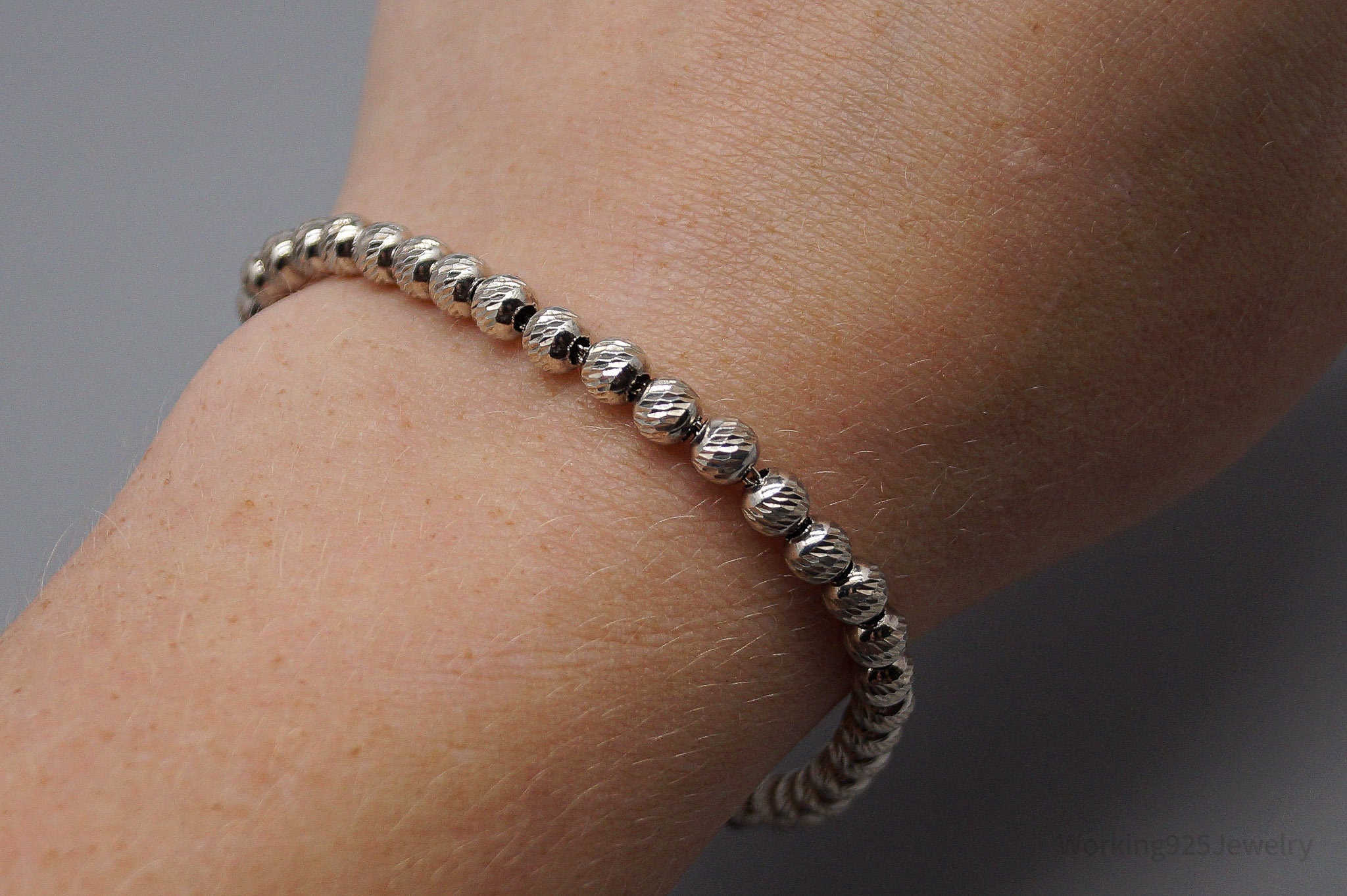 Vintage Textured Ball Beaded Chains Link Sterling Silver Bracelet - 7 3/8"