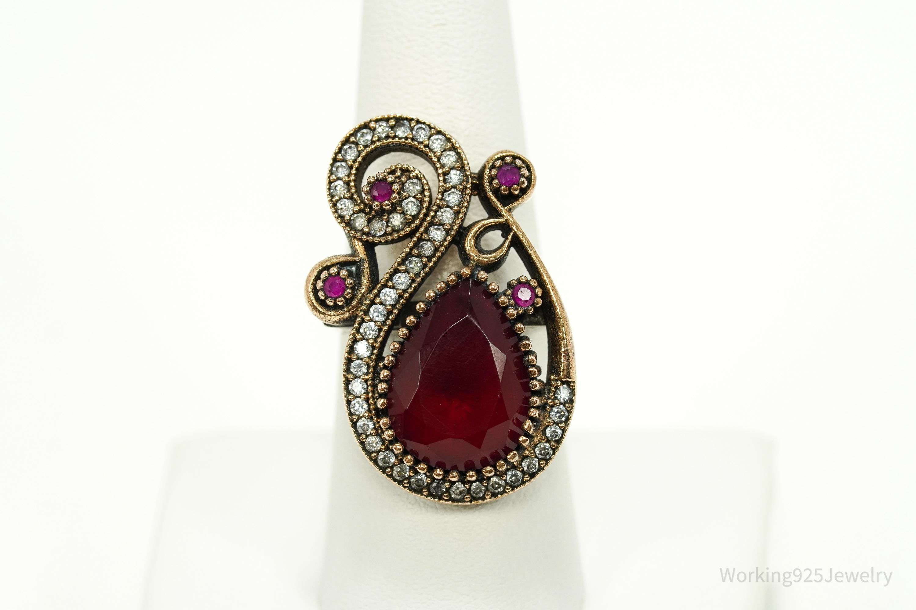 Vintage Red Stone, Ruby, & Cubic Zirconia Sterling Silver Ring - Size 7.5