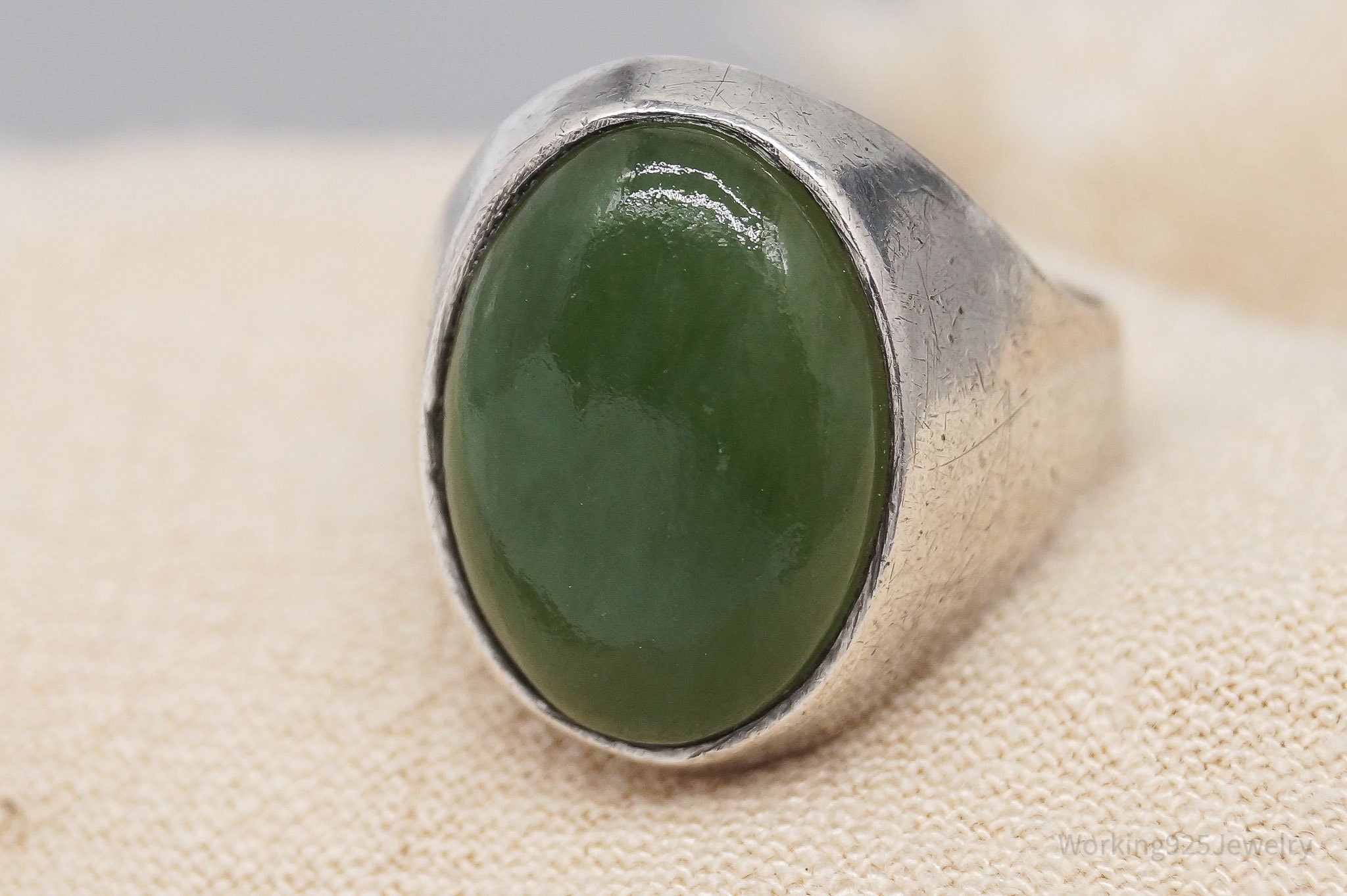 Antique Nephrite Jade Sterling Silver Ring - Size 10