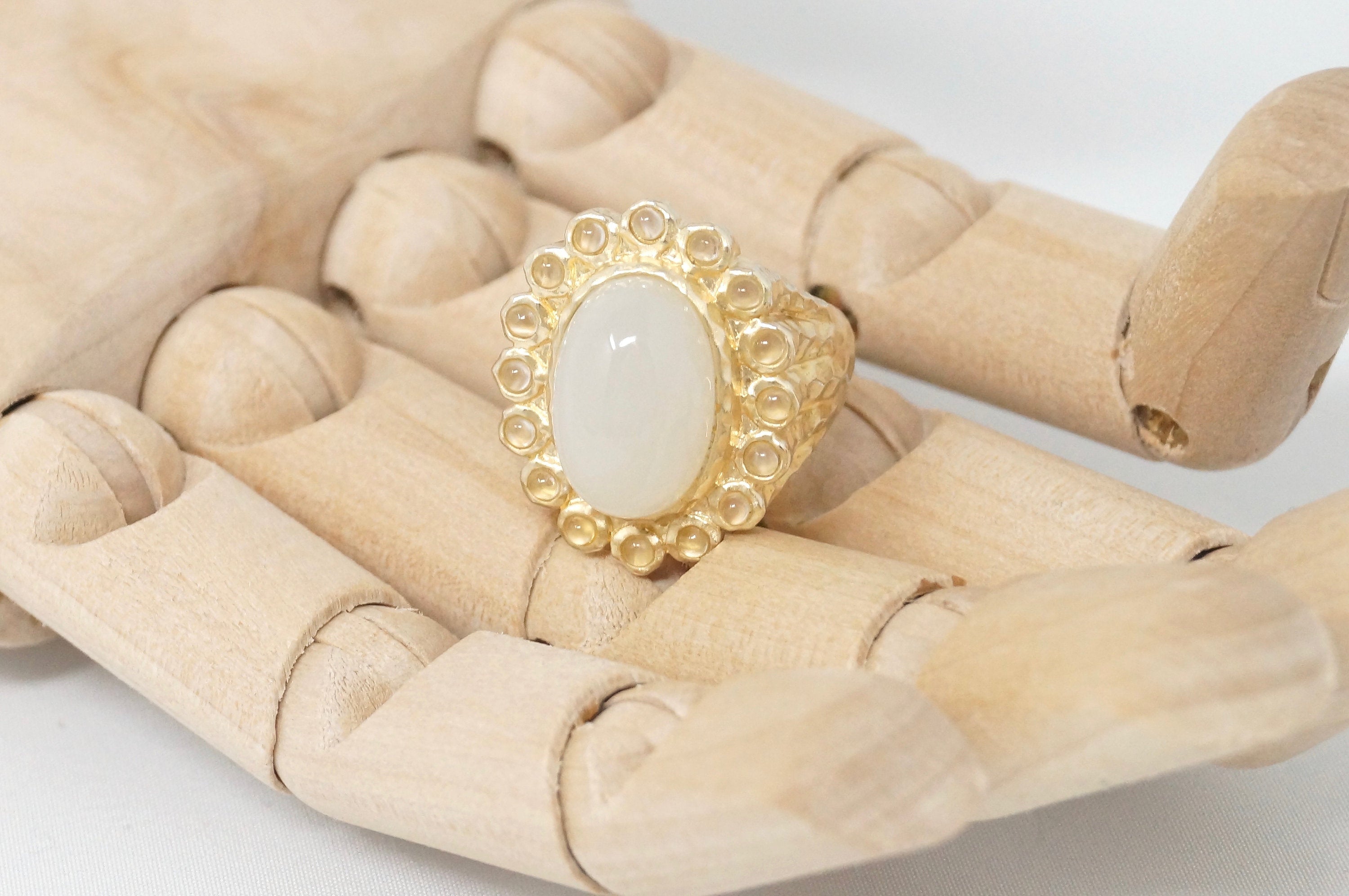 Vintage White Moonstone Gold Vermeil Hammered Style Ring Sterling Silver- Size 7