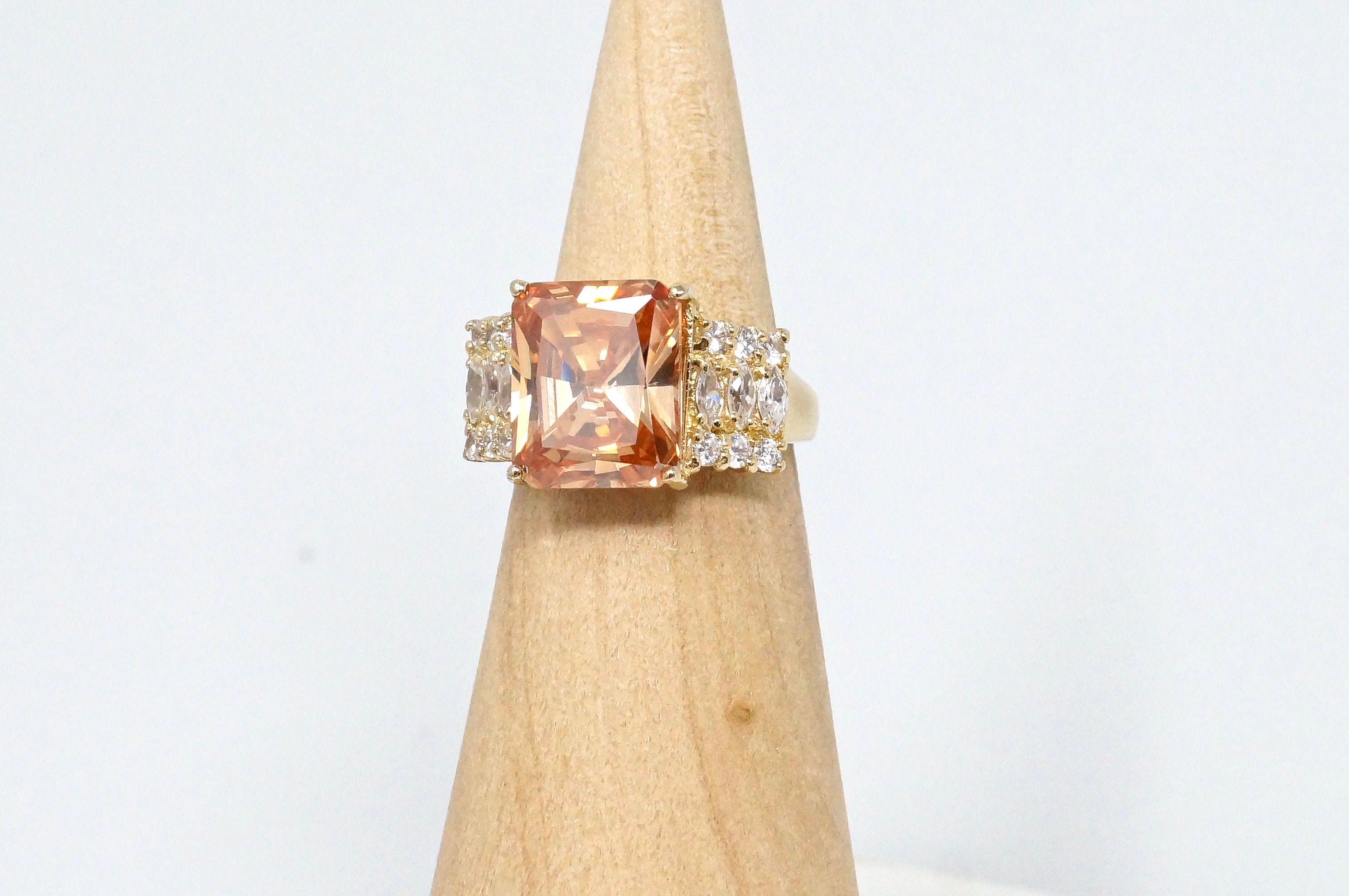 Vintage Art Deco Style Large Citrine Cz Accented Gold Vermeil Sterling Silver Statement Ring - Size 5.75