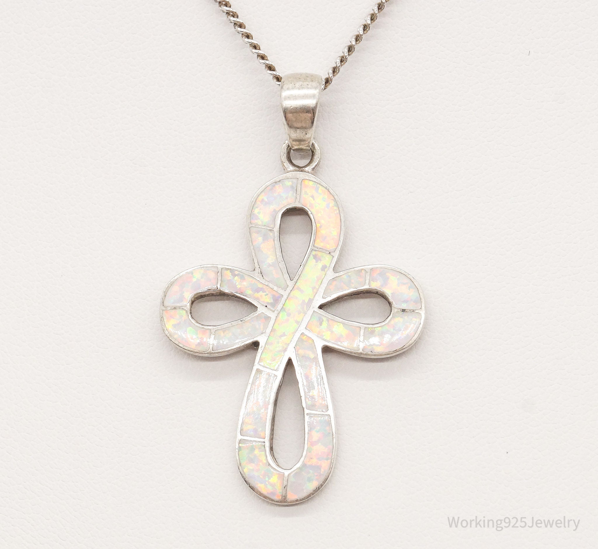 Vintage Opal Inlay Sterling Silver Cross Necklace