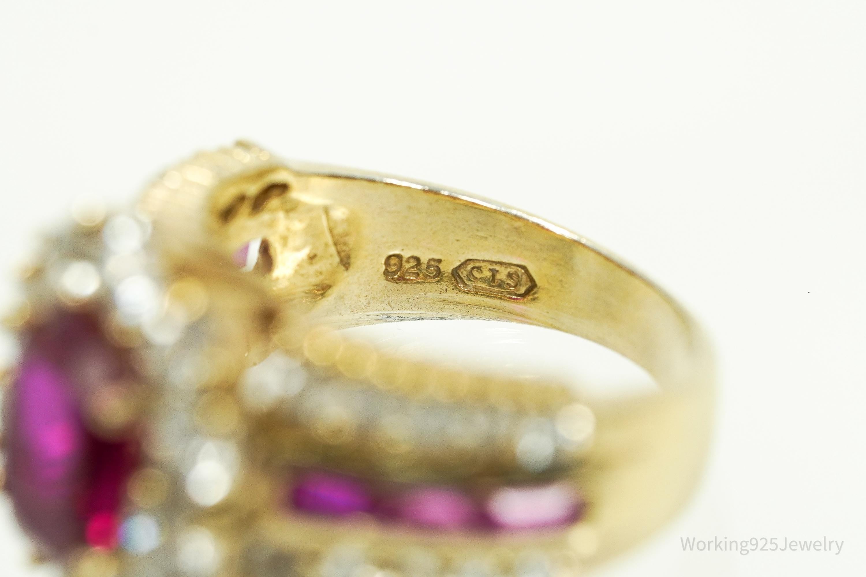 Vintage Ruby & Cubic Zirconia Gold Vermeil Sterling Silver Ring Size 6.25