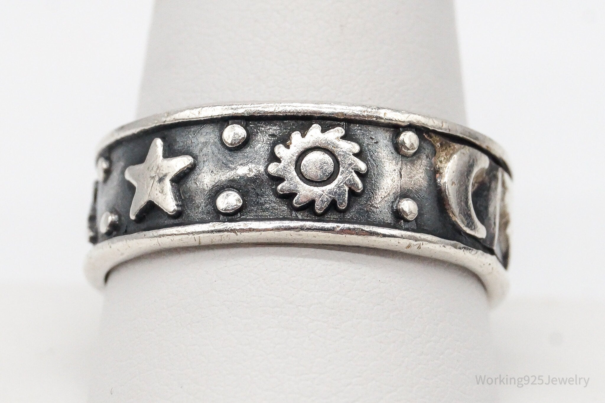 Vintage Star Moon Stars Oxidized Sterling Silver Band Ring - Size 11.25