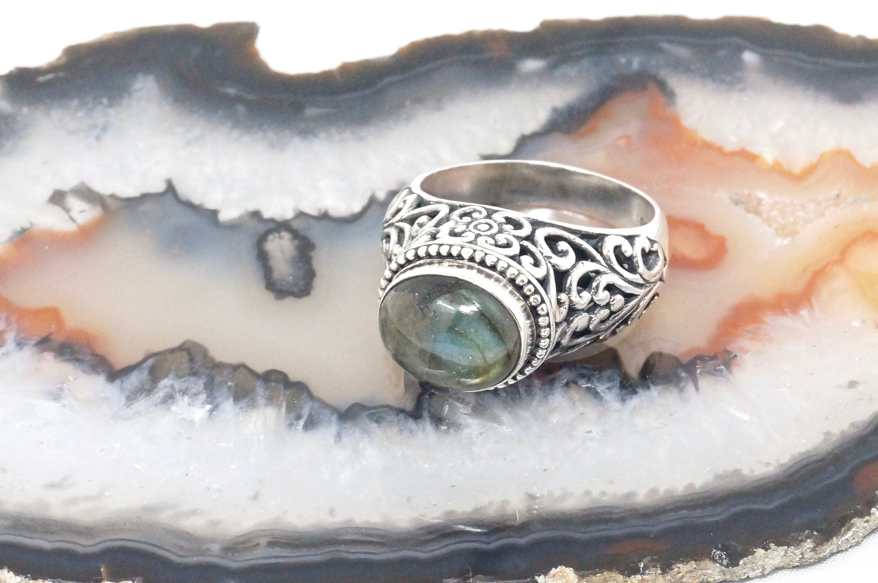 Vintage Large Labradorite Heart Scroll Motif Sterling Silver Statement Ring Sz 9