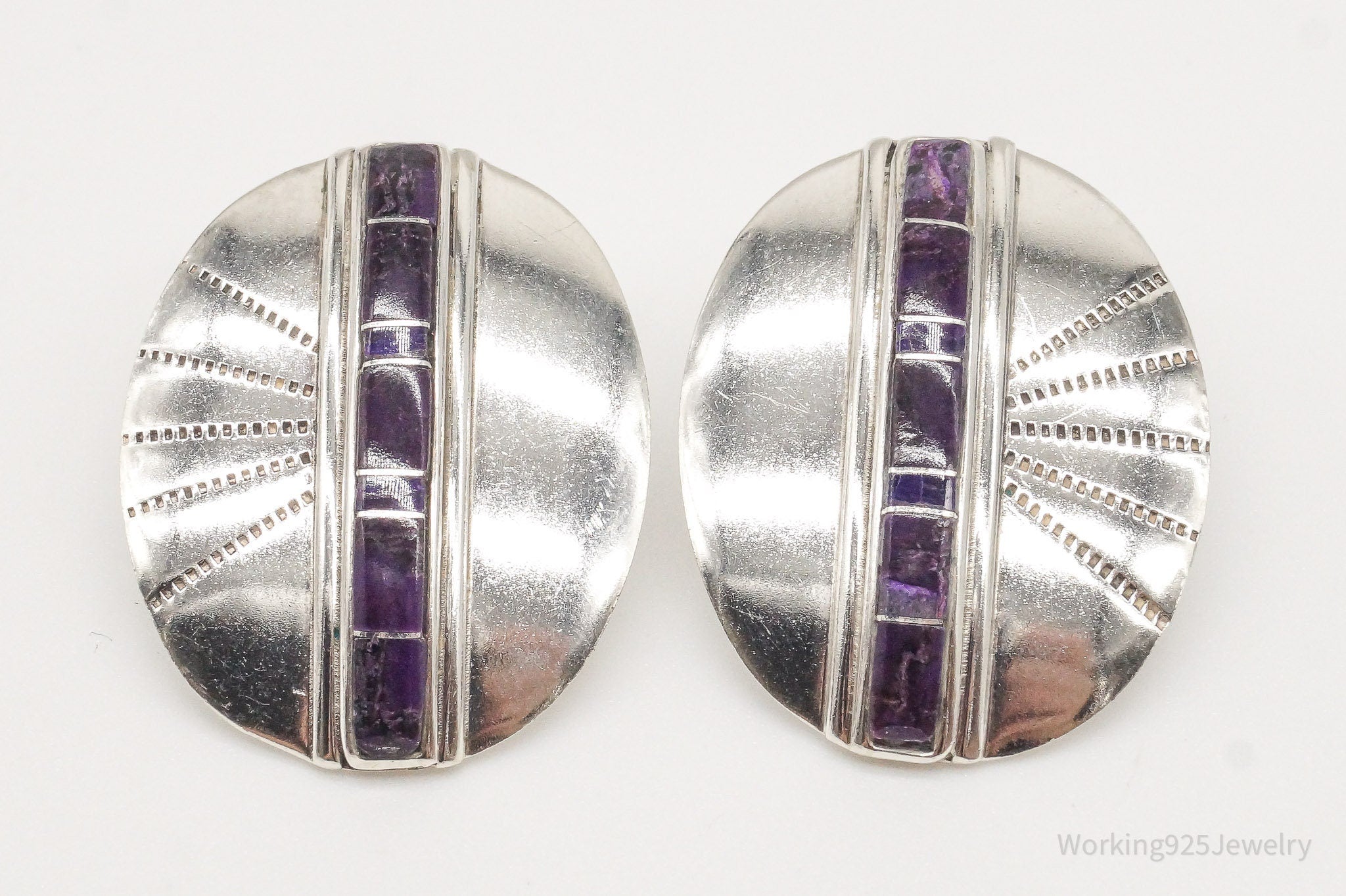 Vintage Native American Charoite Silver Earrings