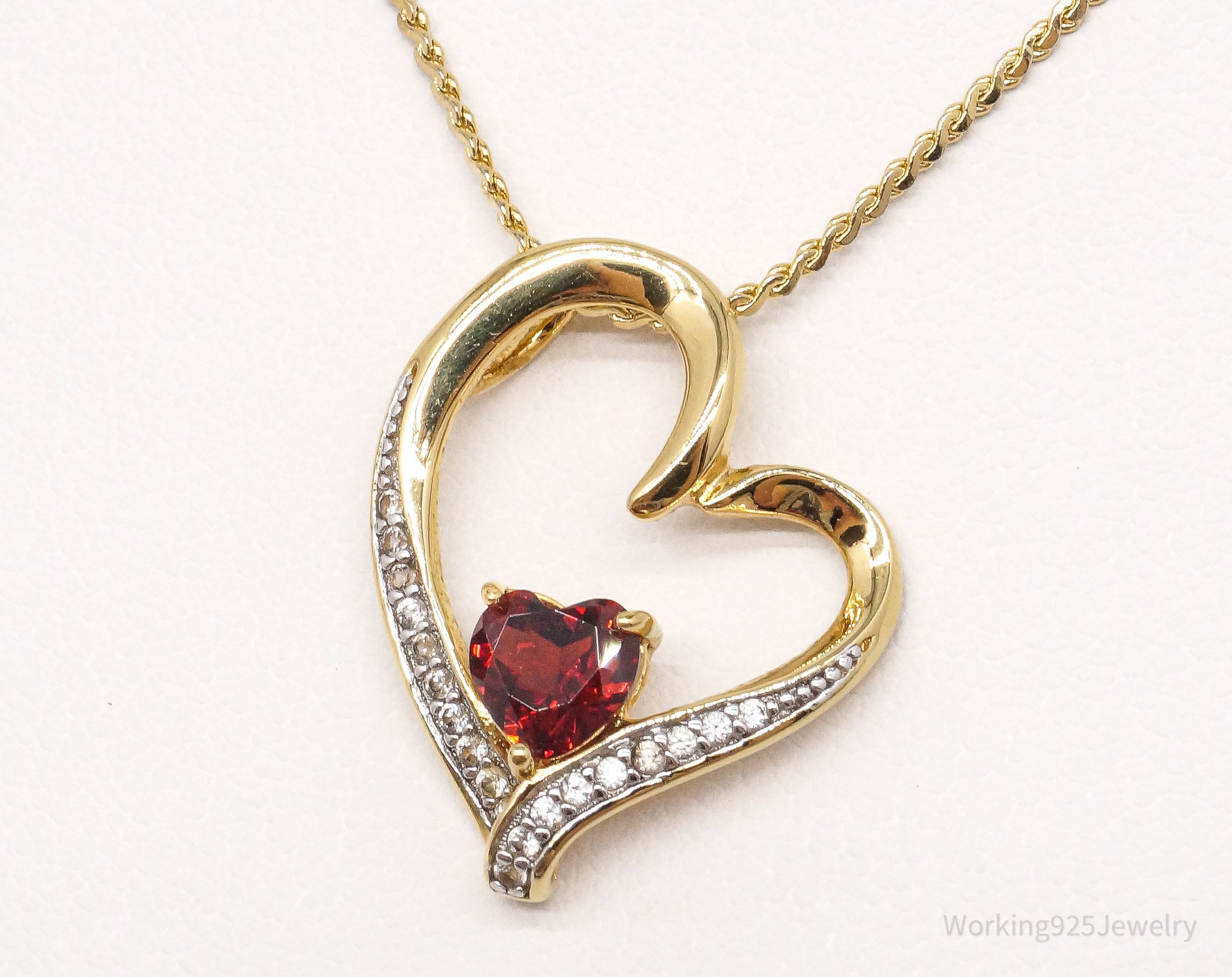 Vintage Garnet White Sapphire 18K Gold Plated Sterling Silver Heart Necklace 16"