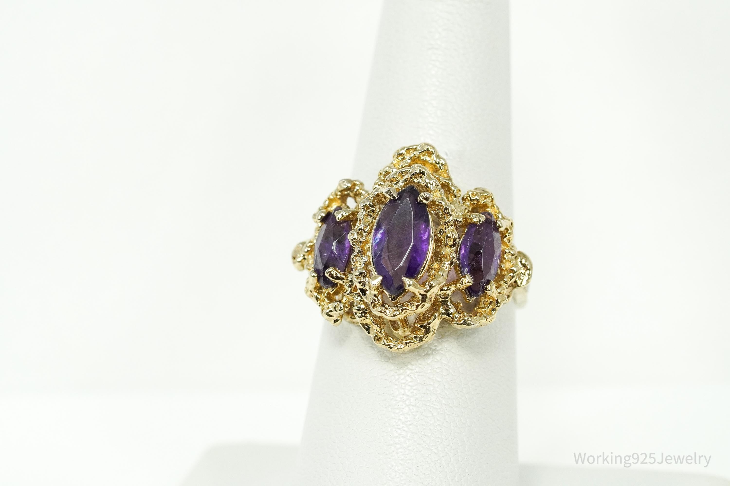 Vintage Amethyst 14K Yellow Gold Vermeil Sterling Silver Ring - Size 6.5
