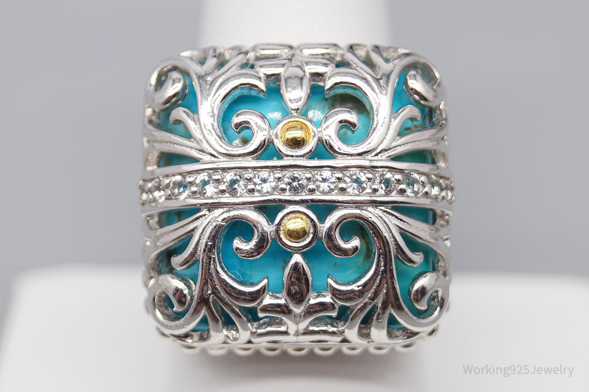 JTV DP Turquoise White Zircon Gold Sterling Silver Ring - Size 9