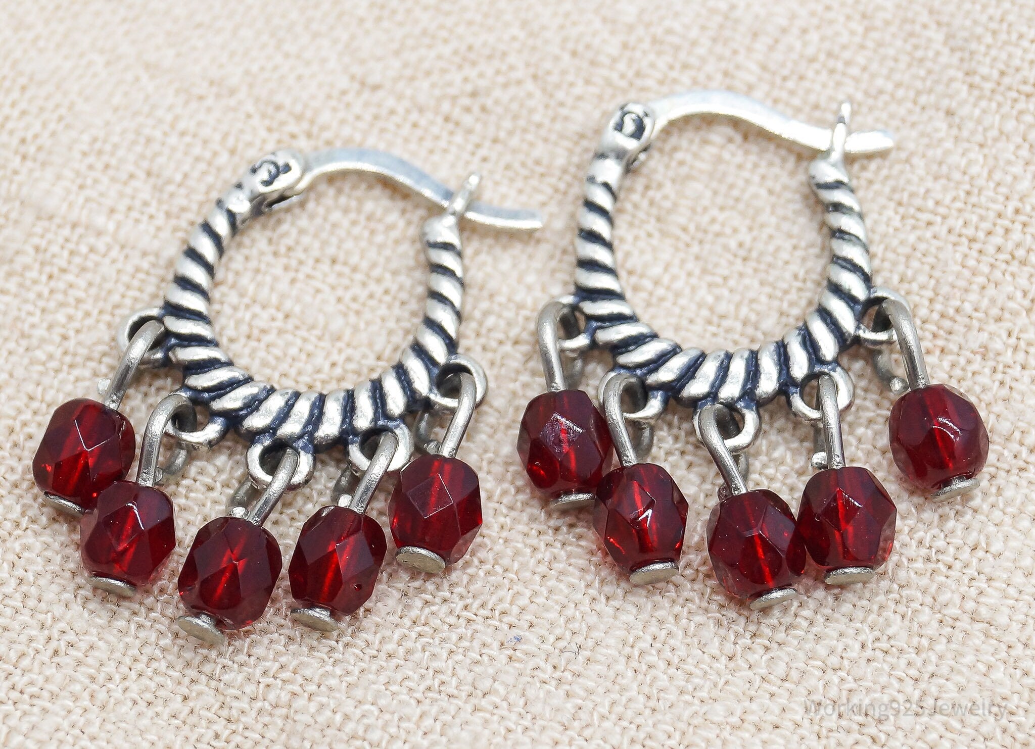 Vintage Red Crystal Sterling Silver Hoop Earrings