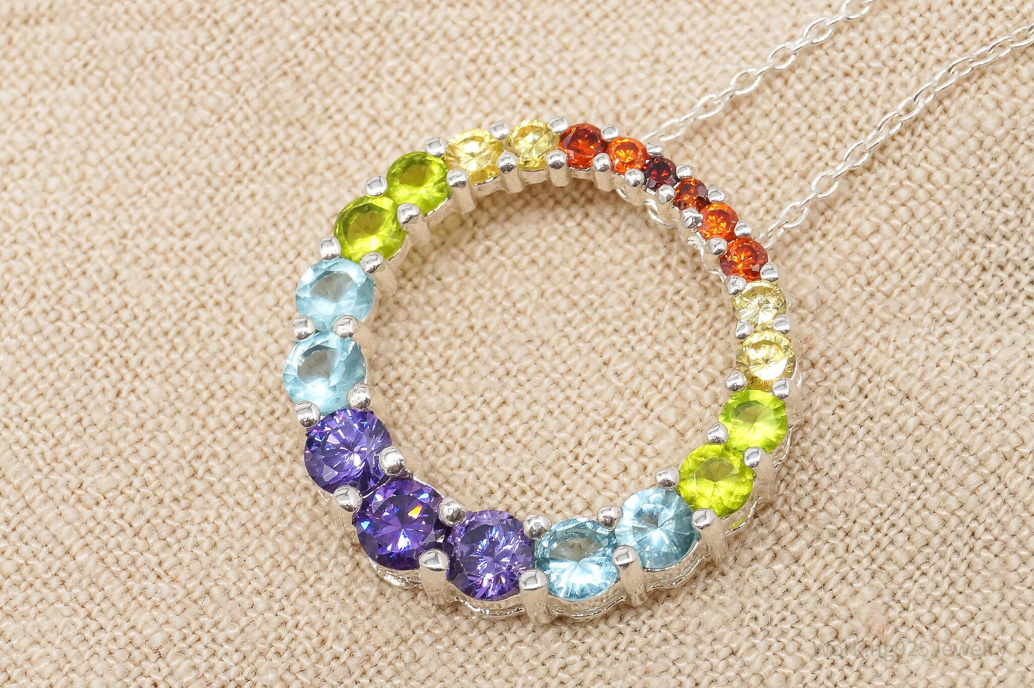 Vintage Multi Gemstone Sterling Silver Necklace - 18"