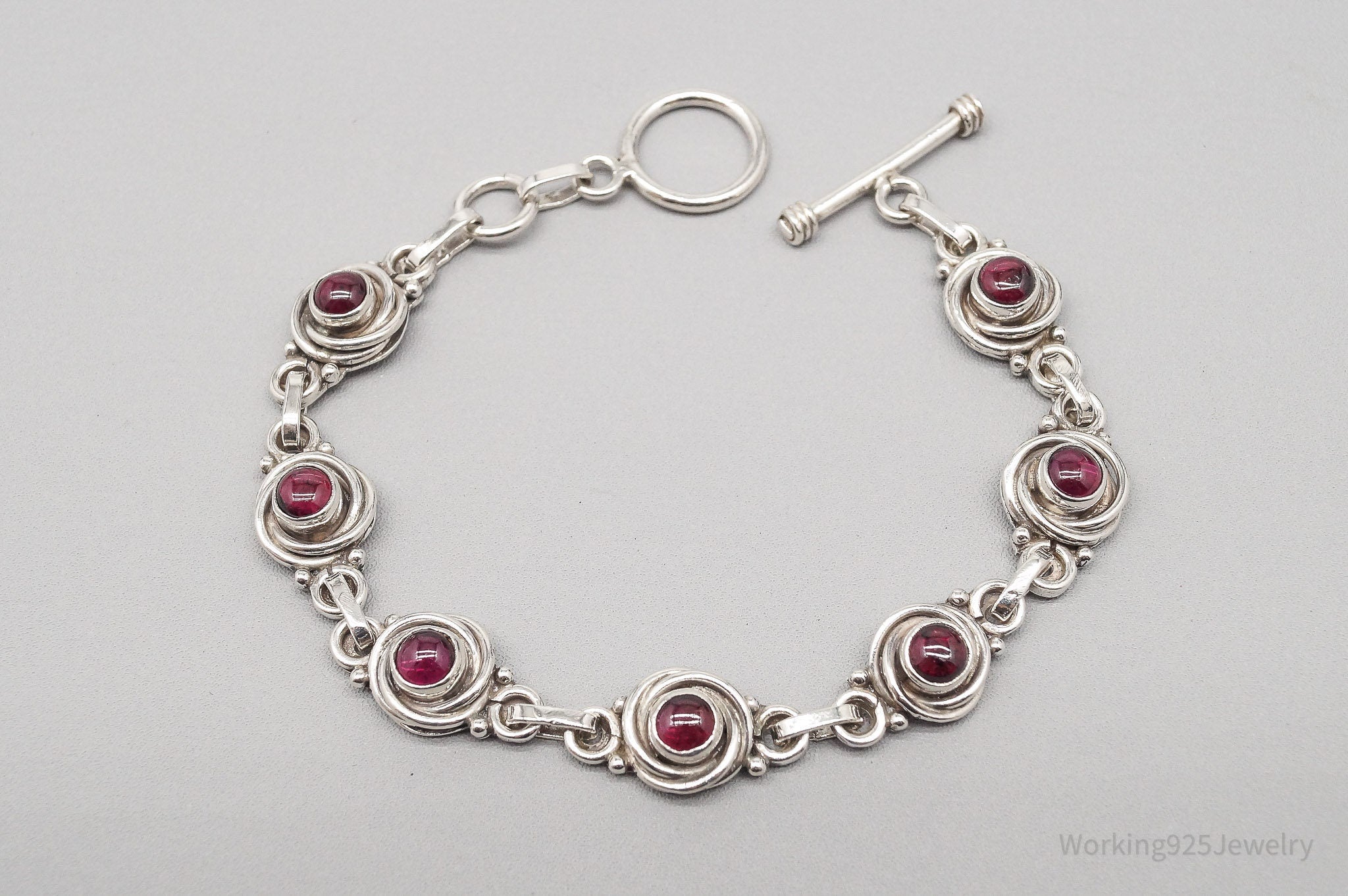 Vintage Rhodolite Garnet Sterling Silver Toggle Bracelet