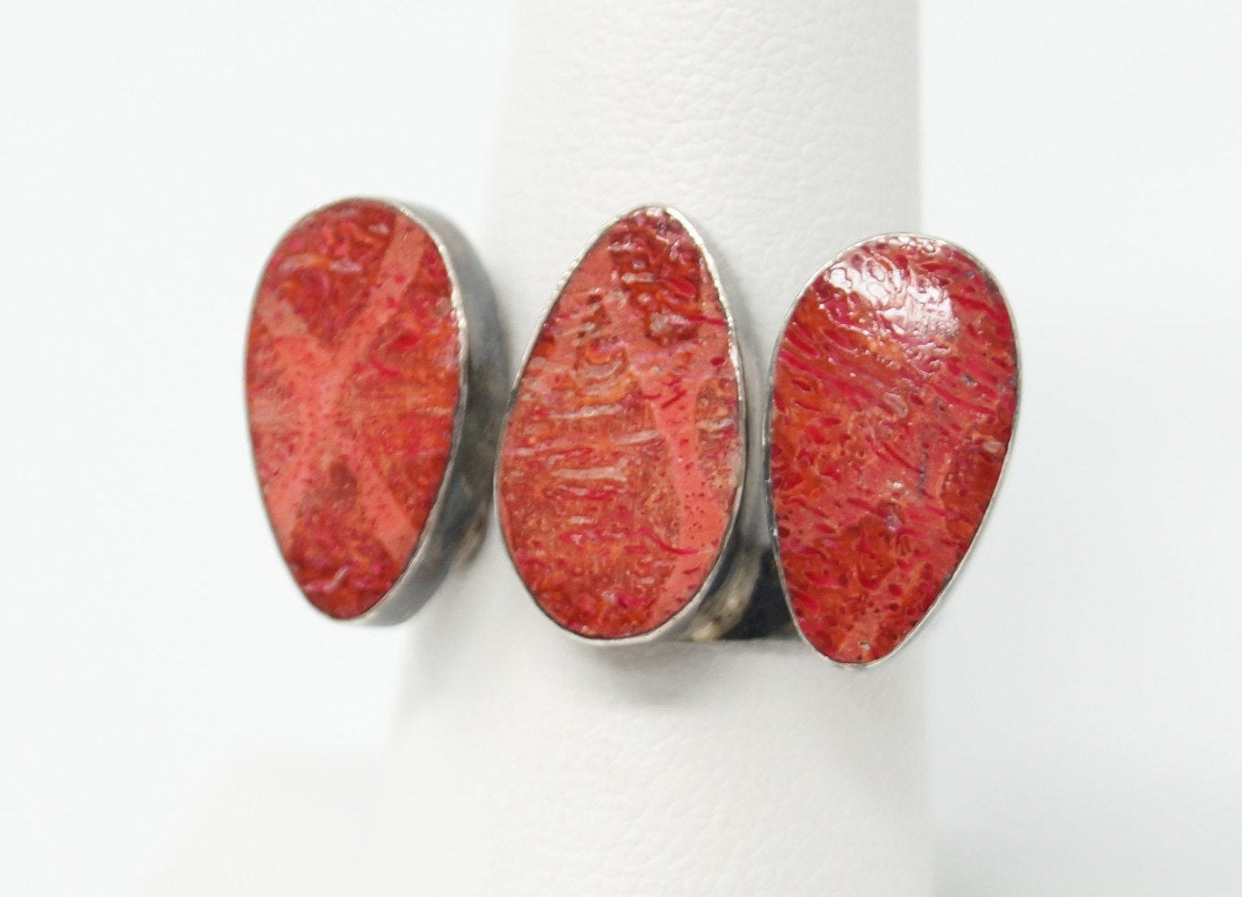 Vintage Native American Coral Unsigned Sterling Silver Ring - Sz 6.5 Adjustable