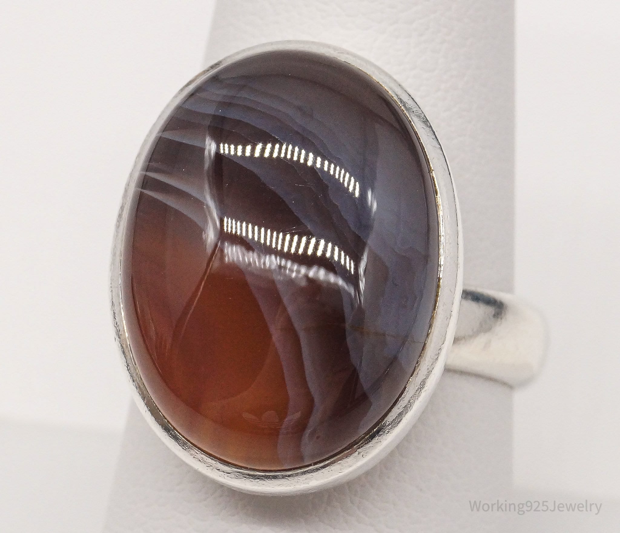 Vintage Large Botswana Agate Sterling Silver Ring - Size 8.25 Adjustable