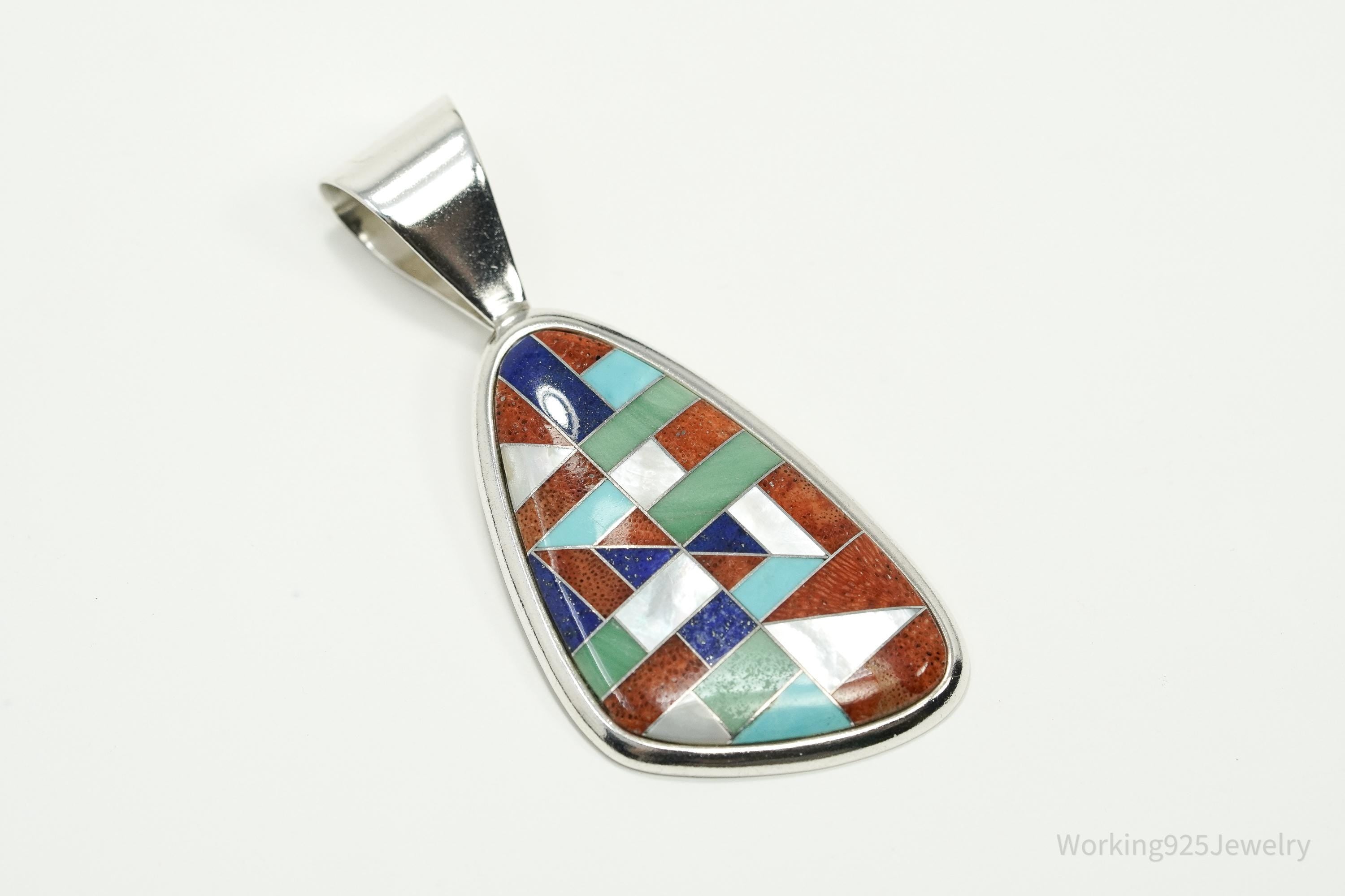 Vintage Large Desert Rose Trading Multi Gem Inlay Sterling Silver Pendant 2.5"