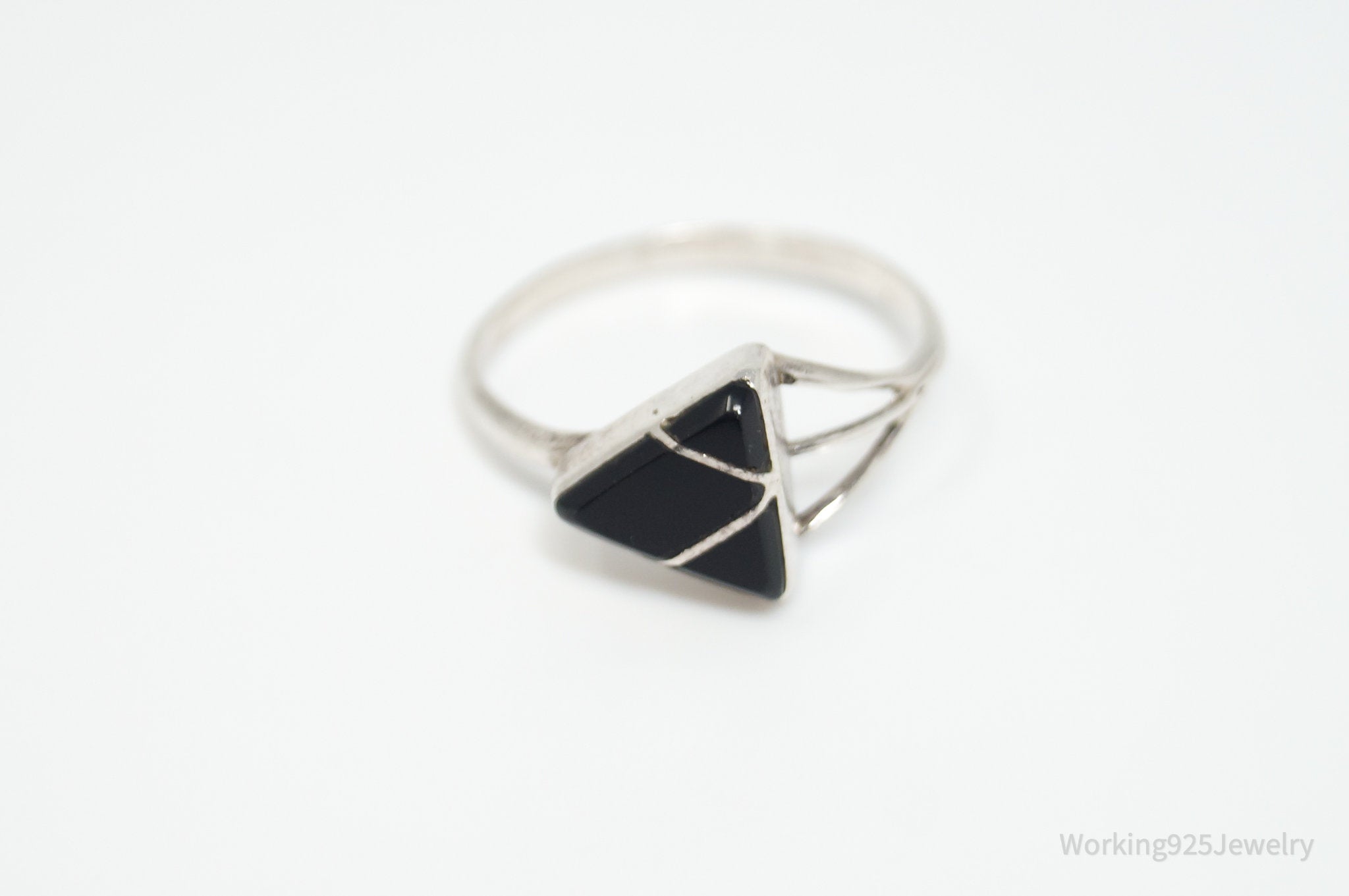 Vintage Southwestern Black Onyx Inlay Geometric Sterling Silver Ring - Sz 8