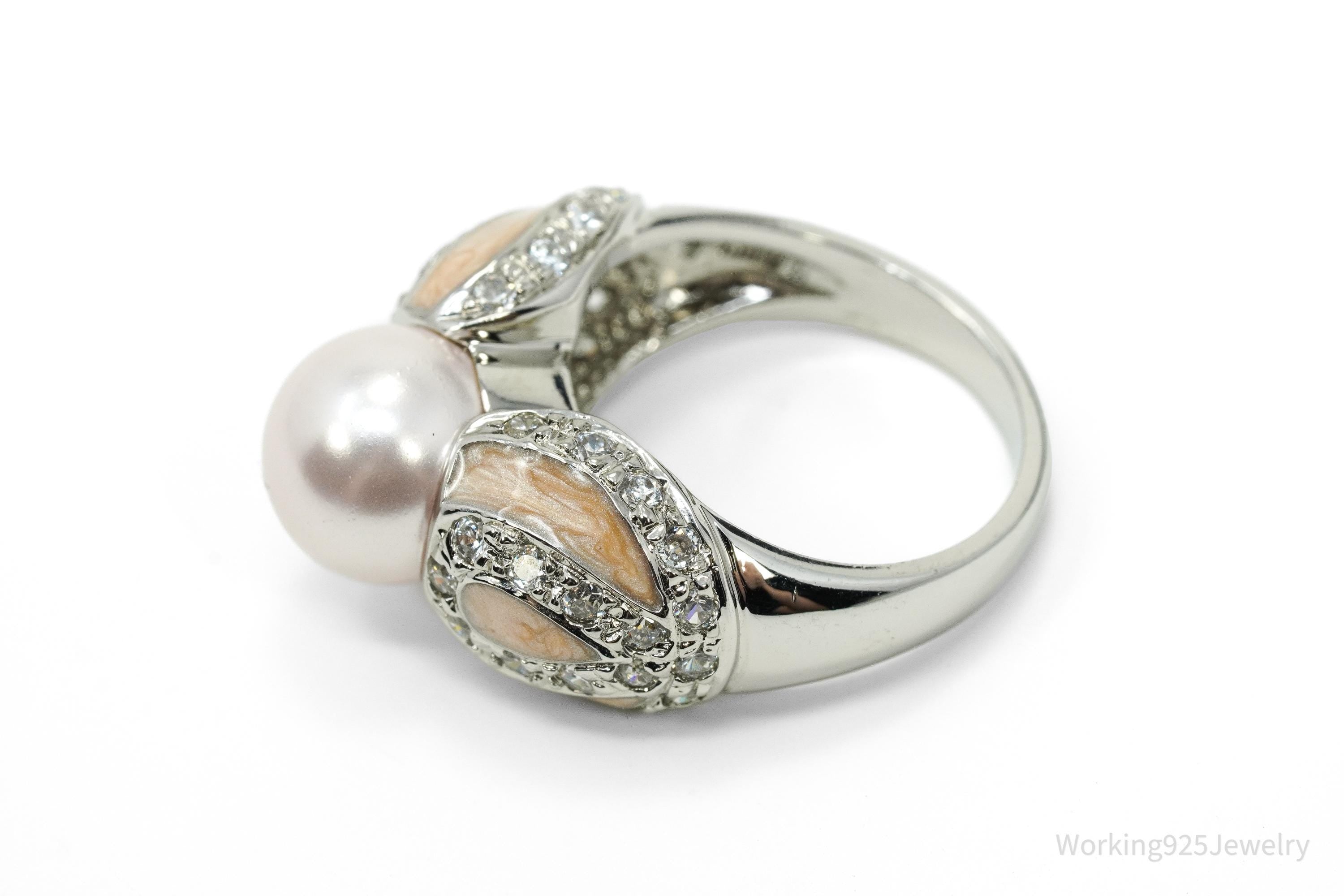 Vintage Ross Simons Pearl & Cubic Zirconia Enamel Sterling Silver Ring - Size 6.75