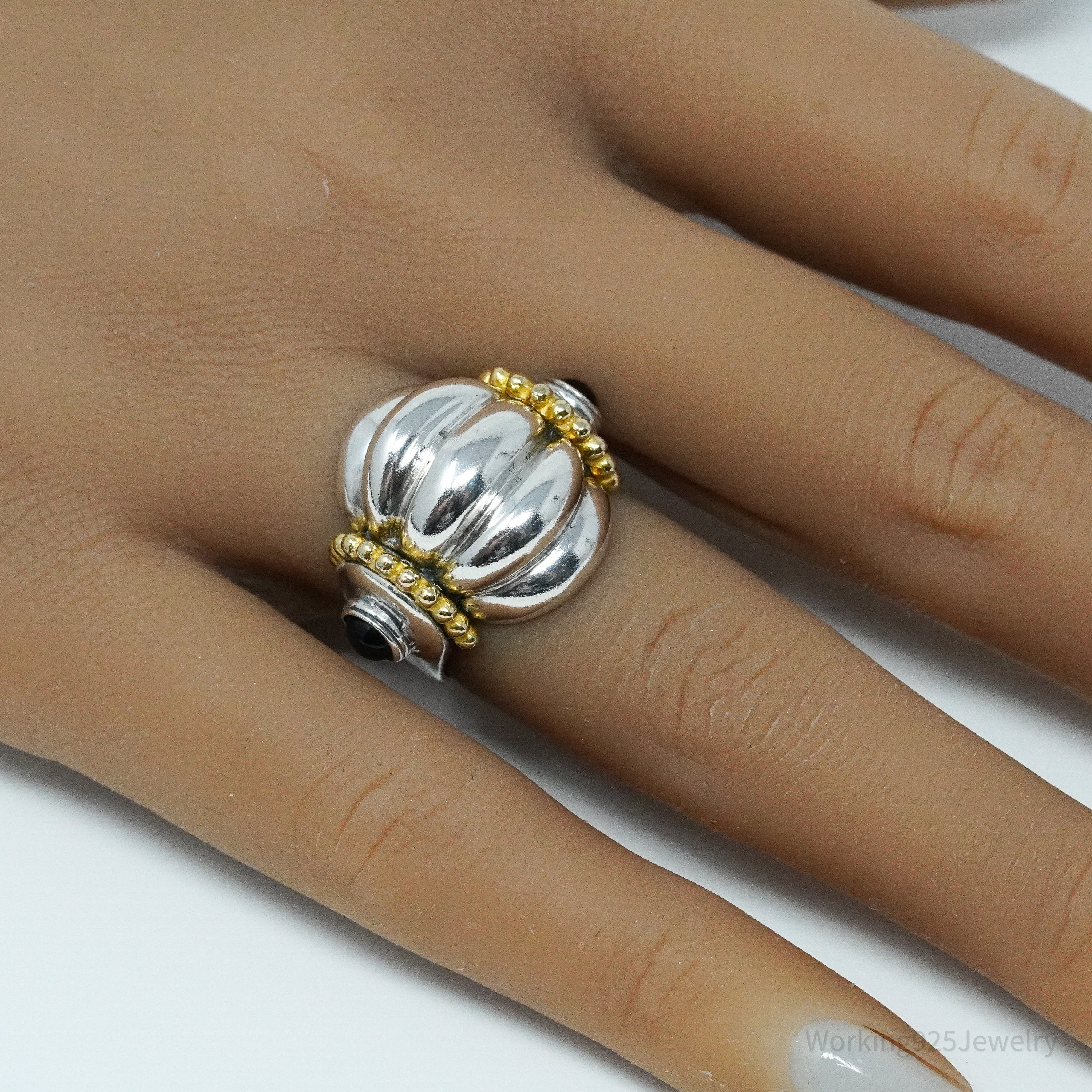 Vintage Italian Black Onyx Gold Vermeil Sterling Silver Ring - Size 6.5