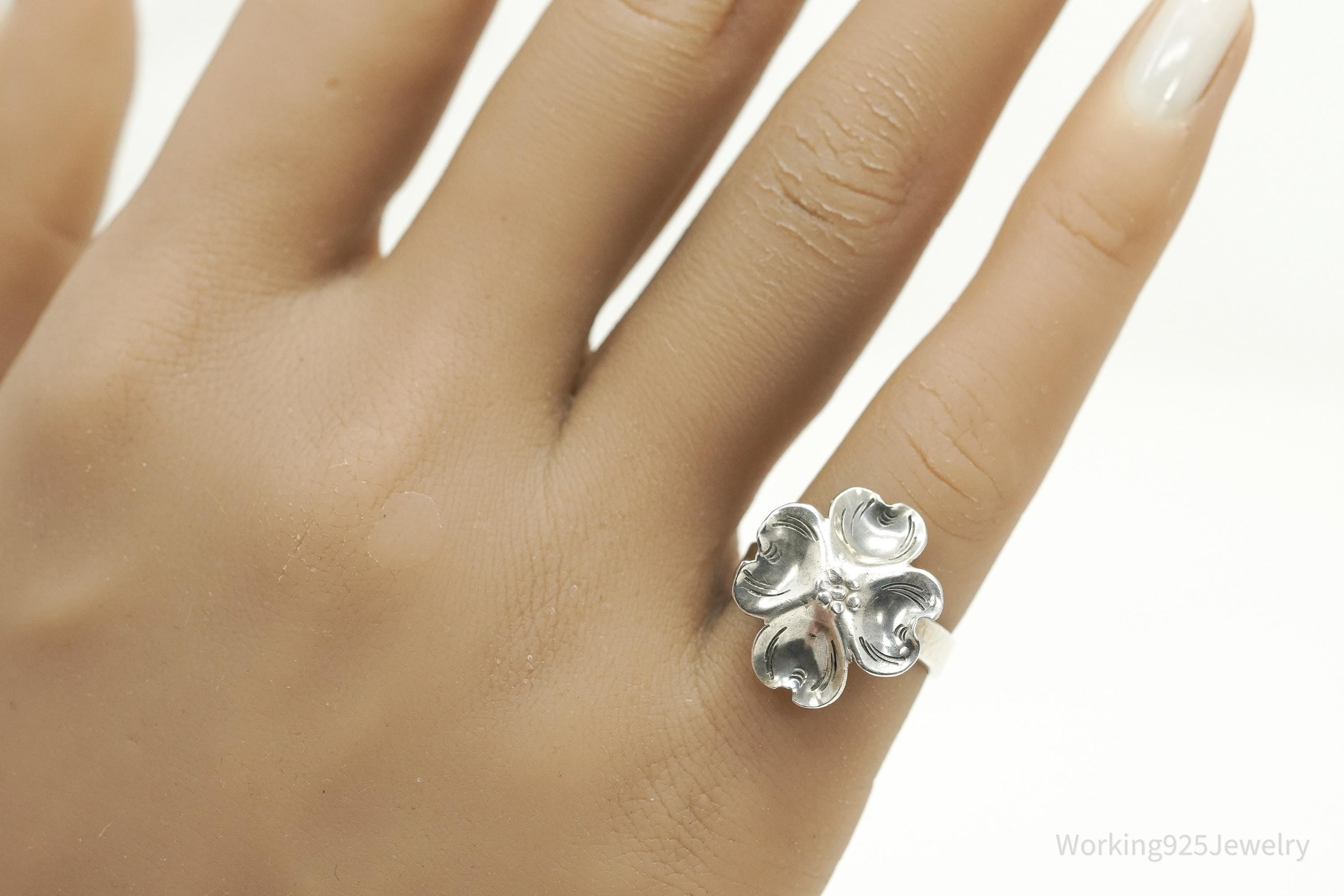 Vintage Designer NYE Dogwood Flower Sterling Silver Ring - Adjustable Size 5.5