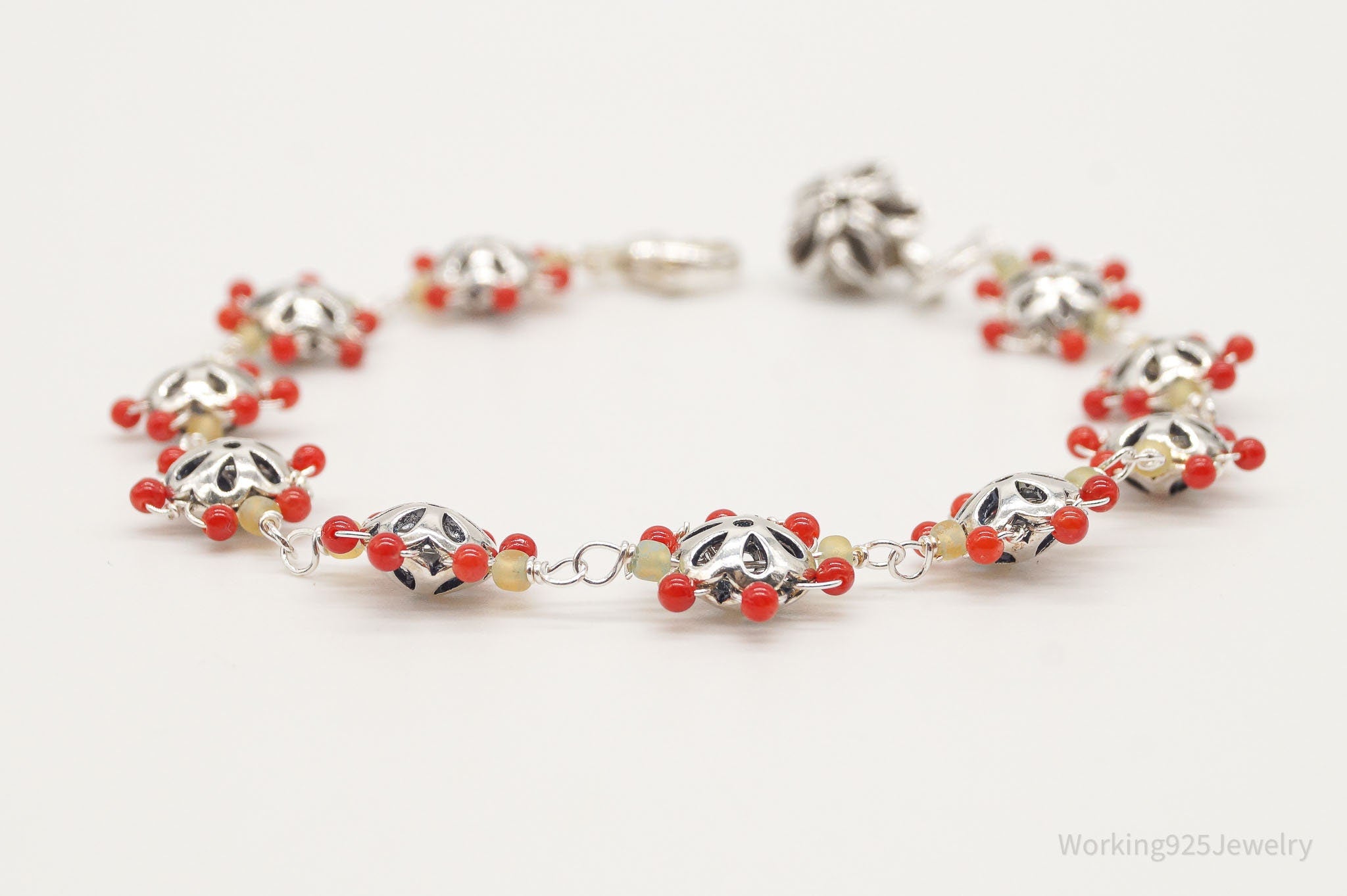 Vintage Intricate Glass Beads Flowers Sterling Silver Bracelet