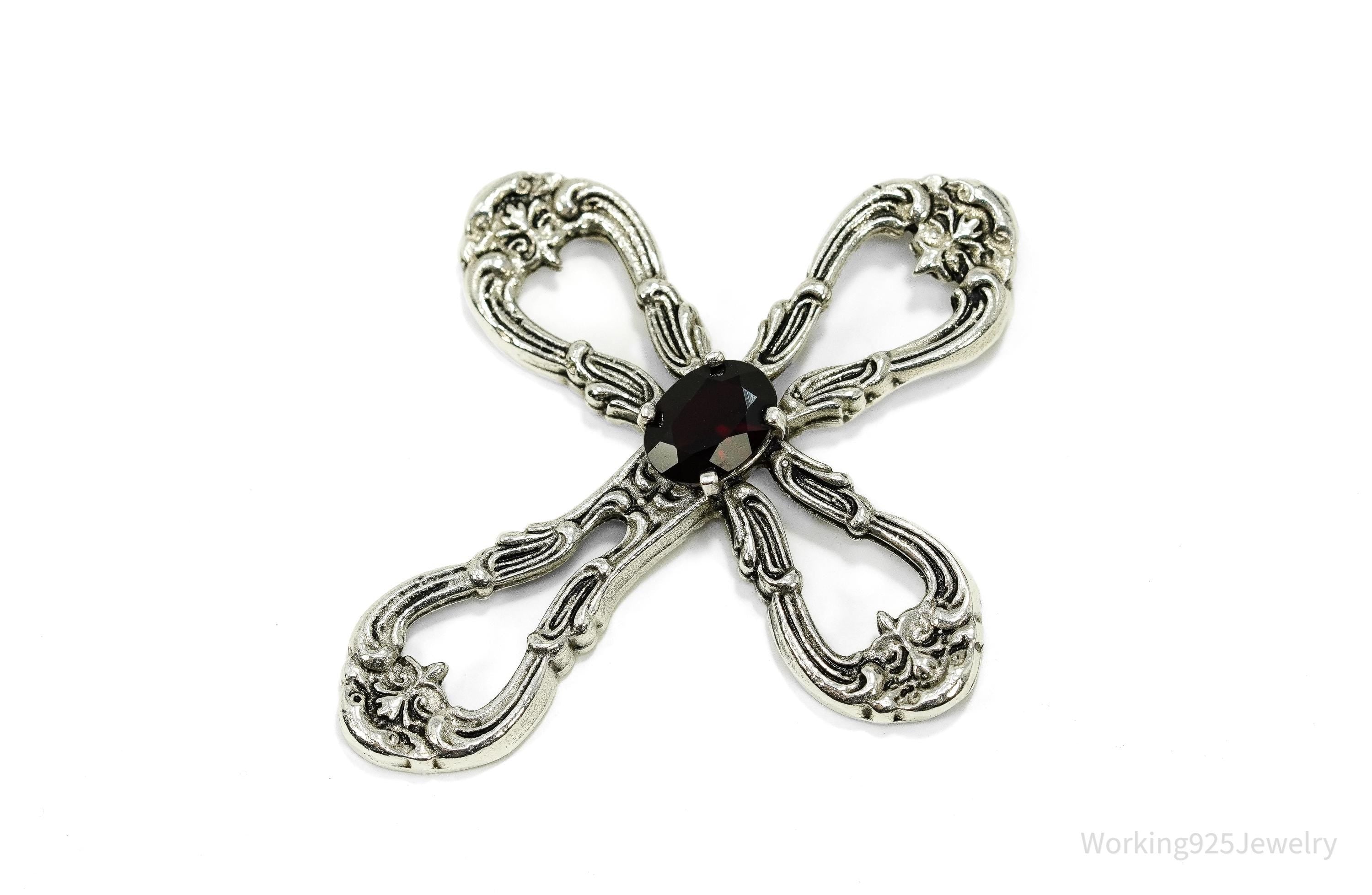 Vintage Designer Gorham Garnet Ornate Sterling Silver Cross Necklace Pendant