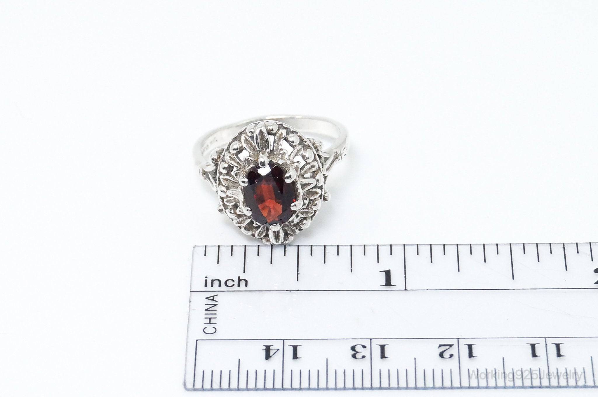 Vintage Mid Century Style Garnet Ring Sterling Silver - Size 6.5