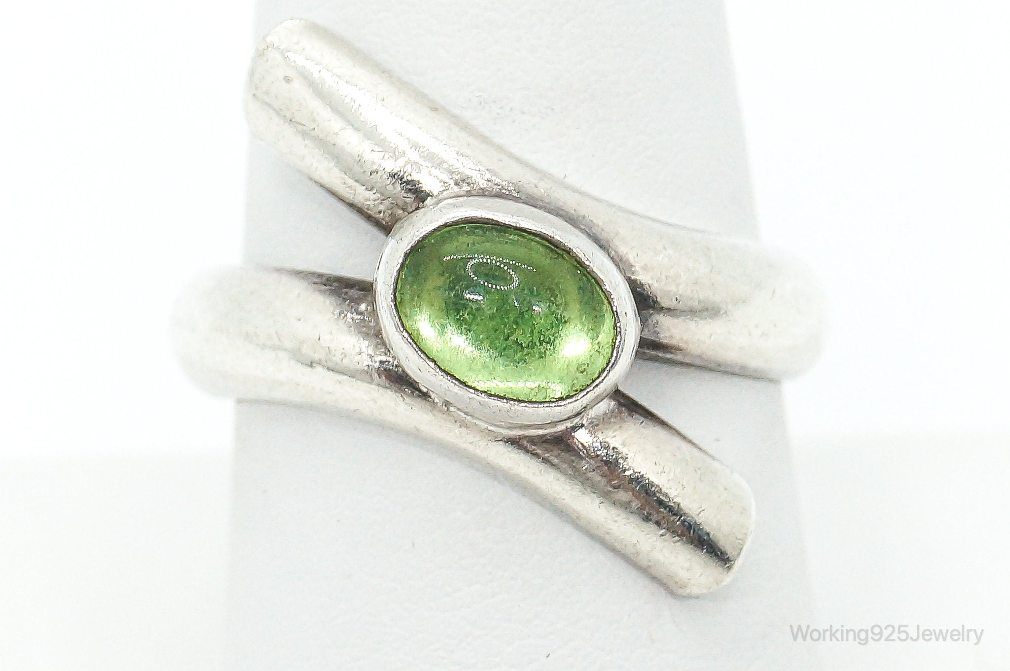 Vintage Mexico Modernist Sleek Green Glass Sterling Silver Ring - Size 8.25