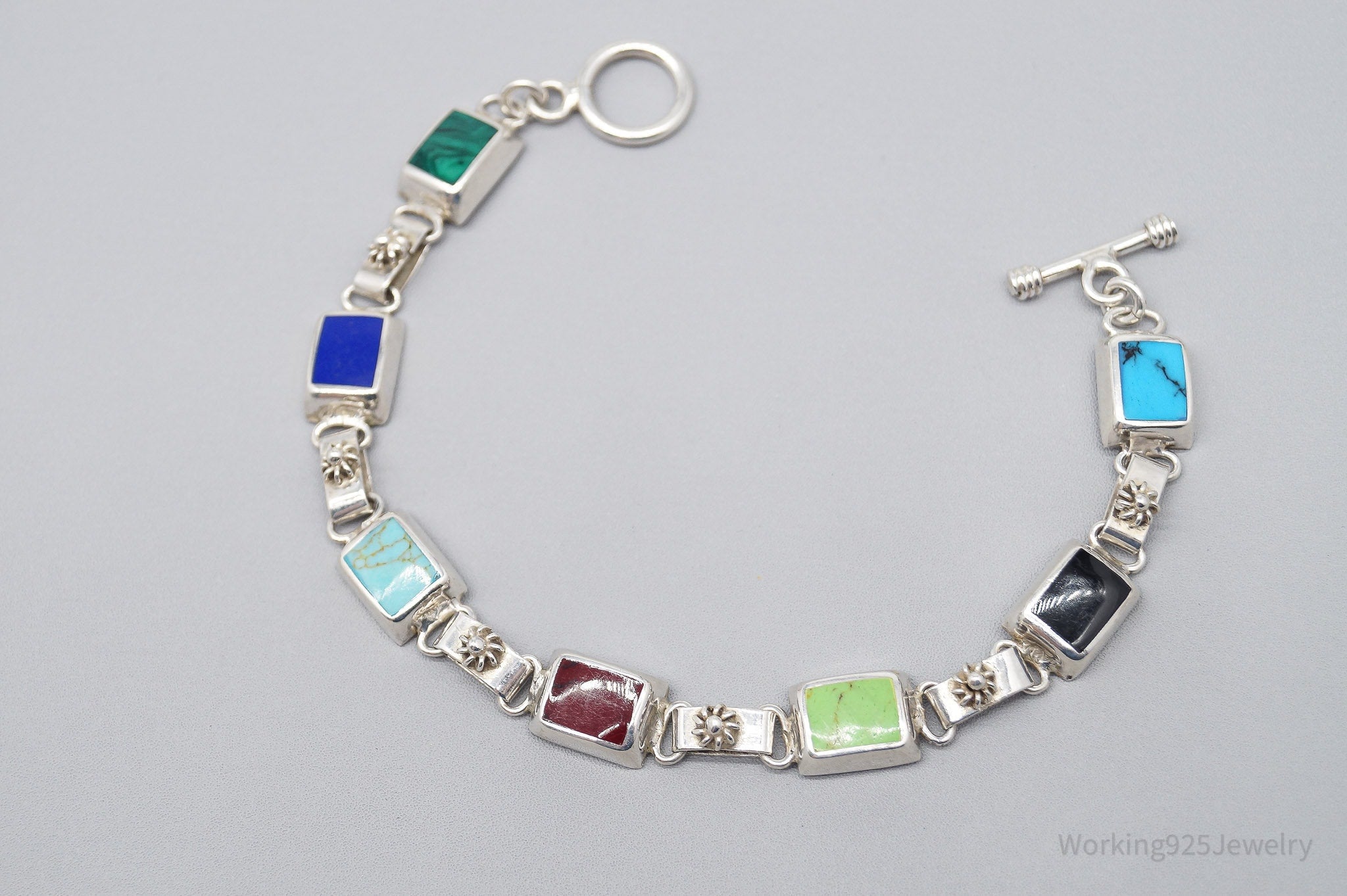 Vintage Mexico Multi Gemstone Inlay Sterling Silver Toggle Bracelet 8"