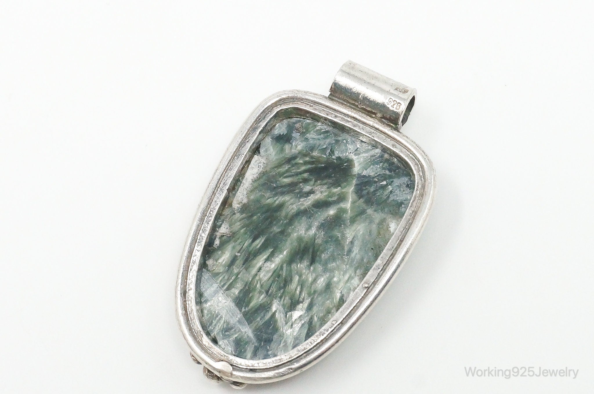 Vintage Large Green Seraphinite Sterling Silver Necklace Pendant