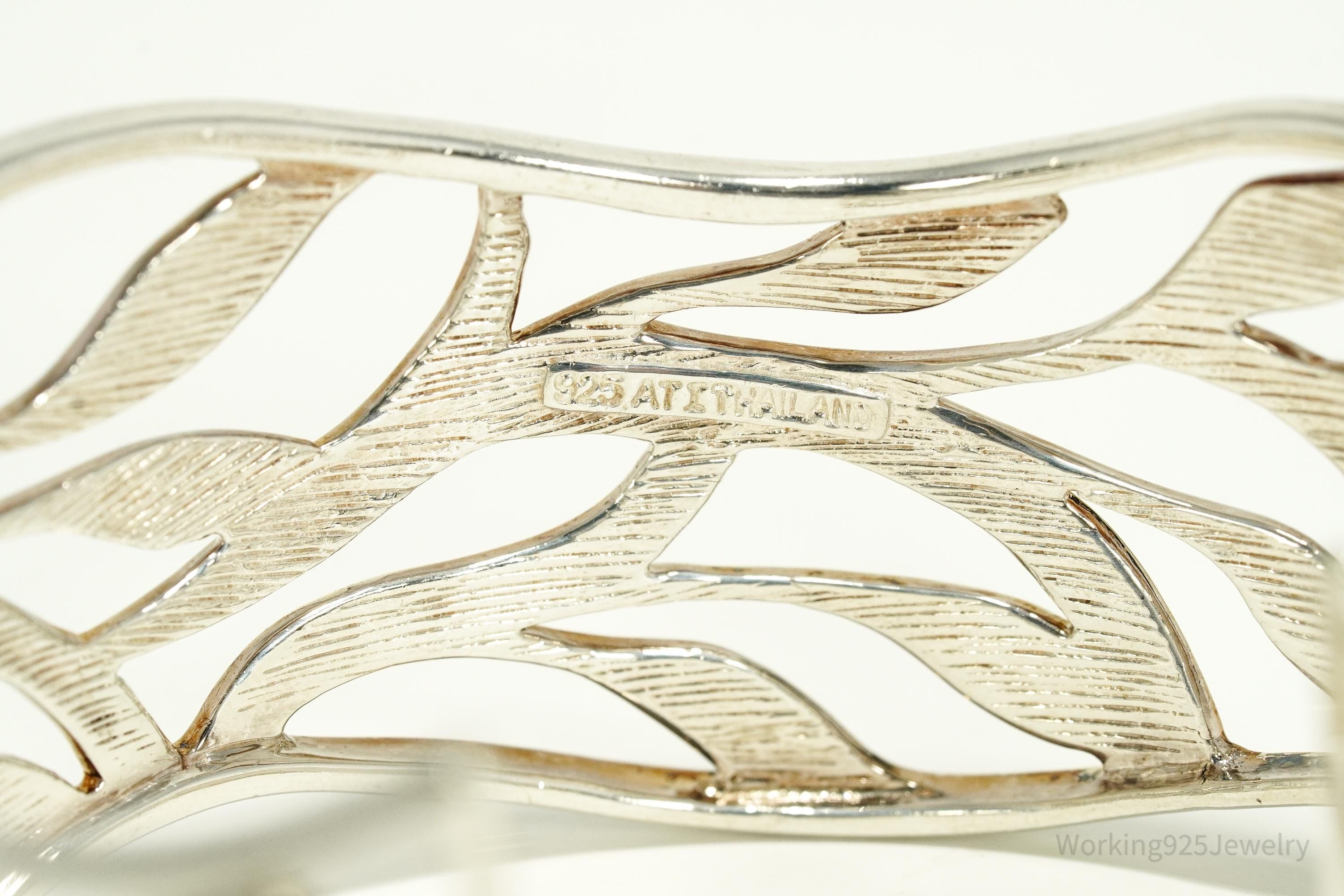 Vintage Leaf Pattern Sterling Silver Cuff Bracelet 6 7/8"