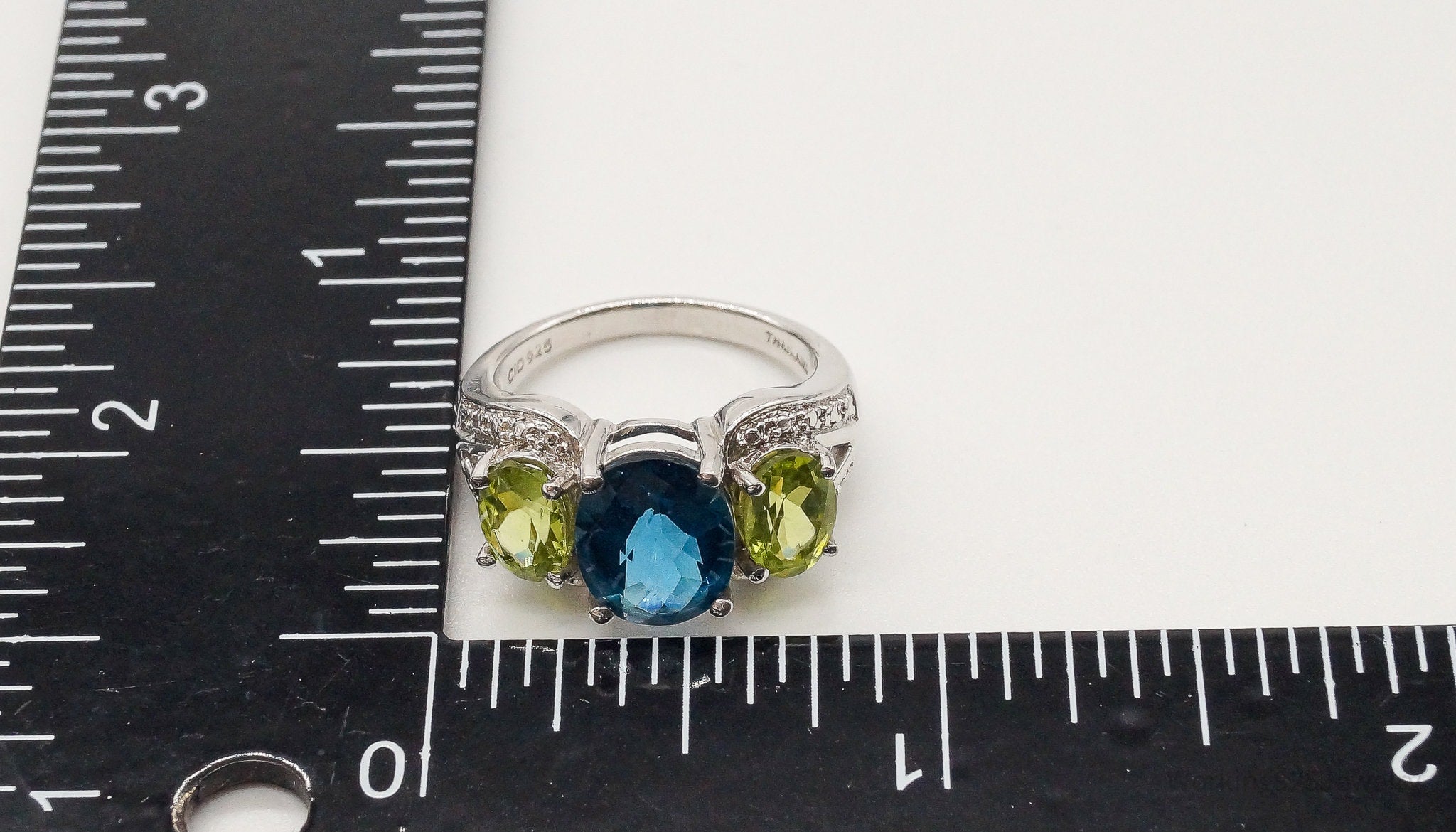 Designer CID Blue Topaz Peridot Cubic Zirconia Sterling Silver Ring - Size 6.25