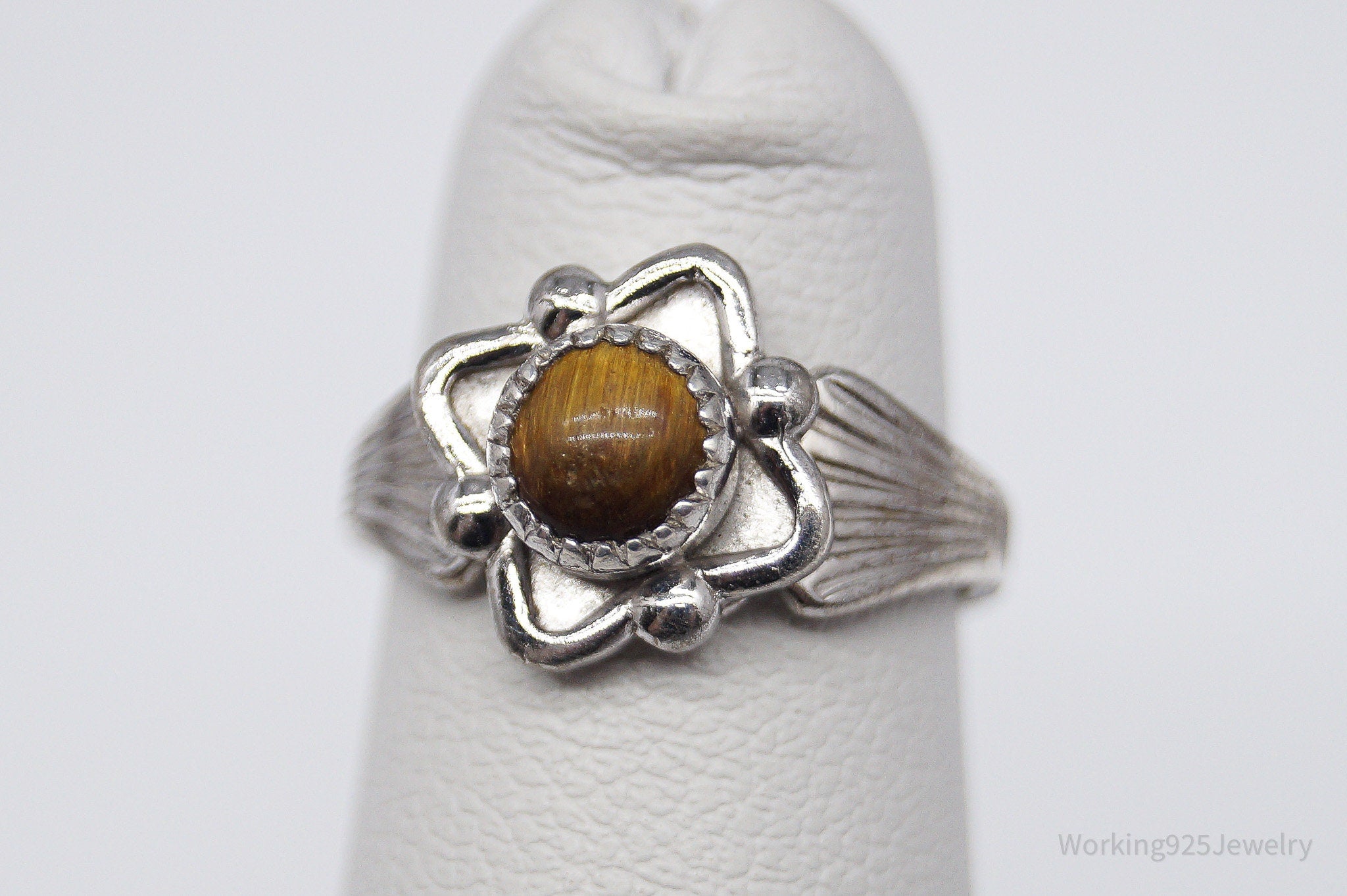 Vintage Native American Signed JP Tigers Eye Sterling Silver Ring - Size 2.75