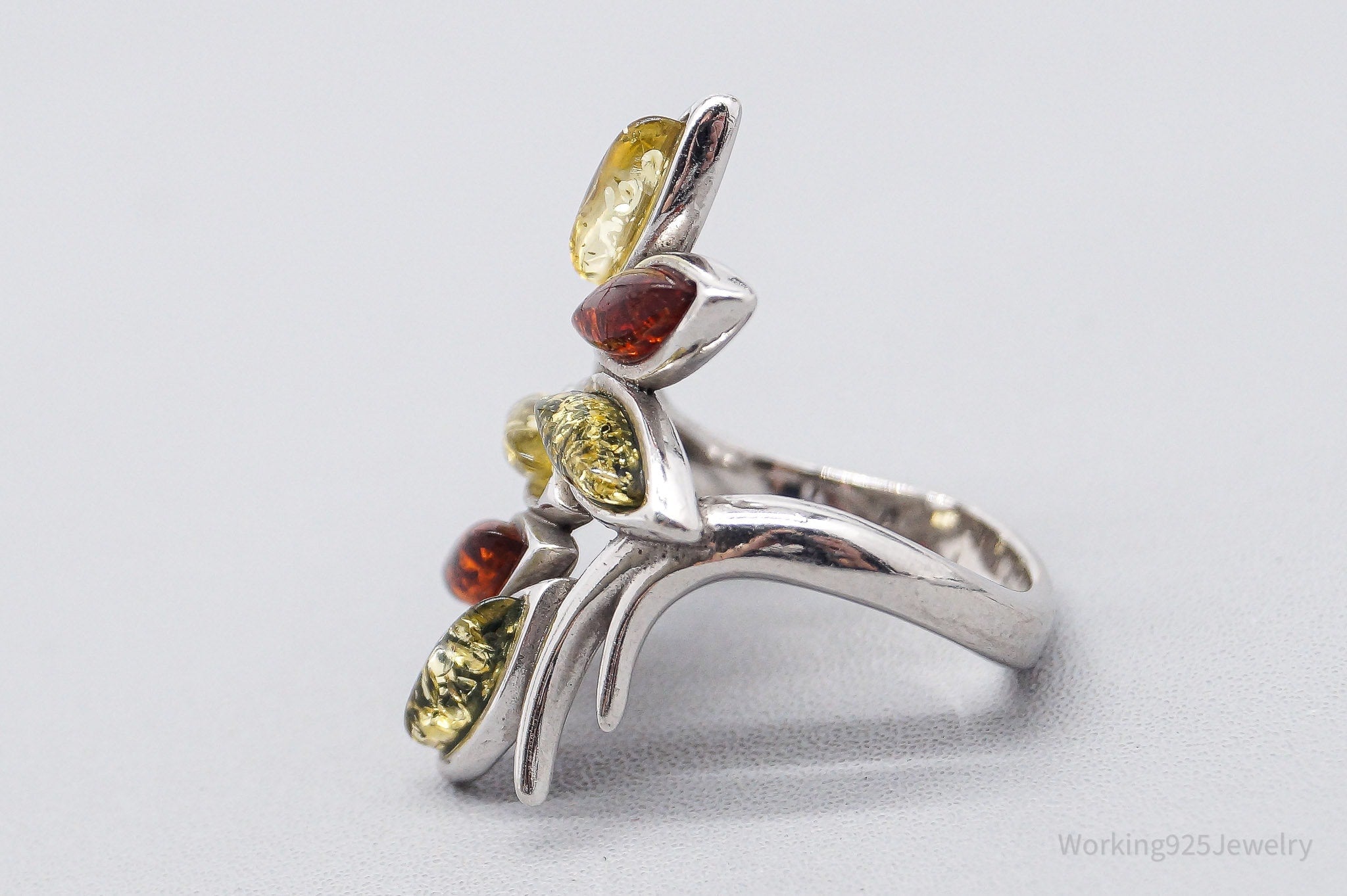 Modernist Style Multi Color Amber Gemstone Sterling Silver Ring - Size 6