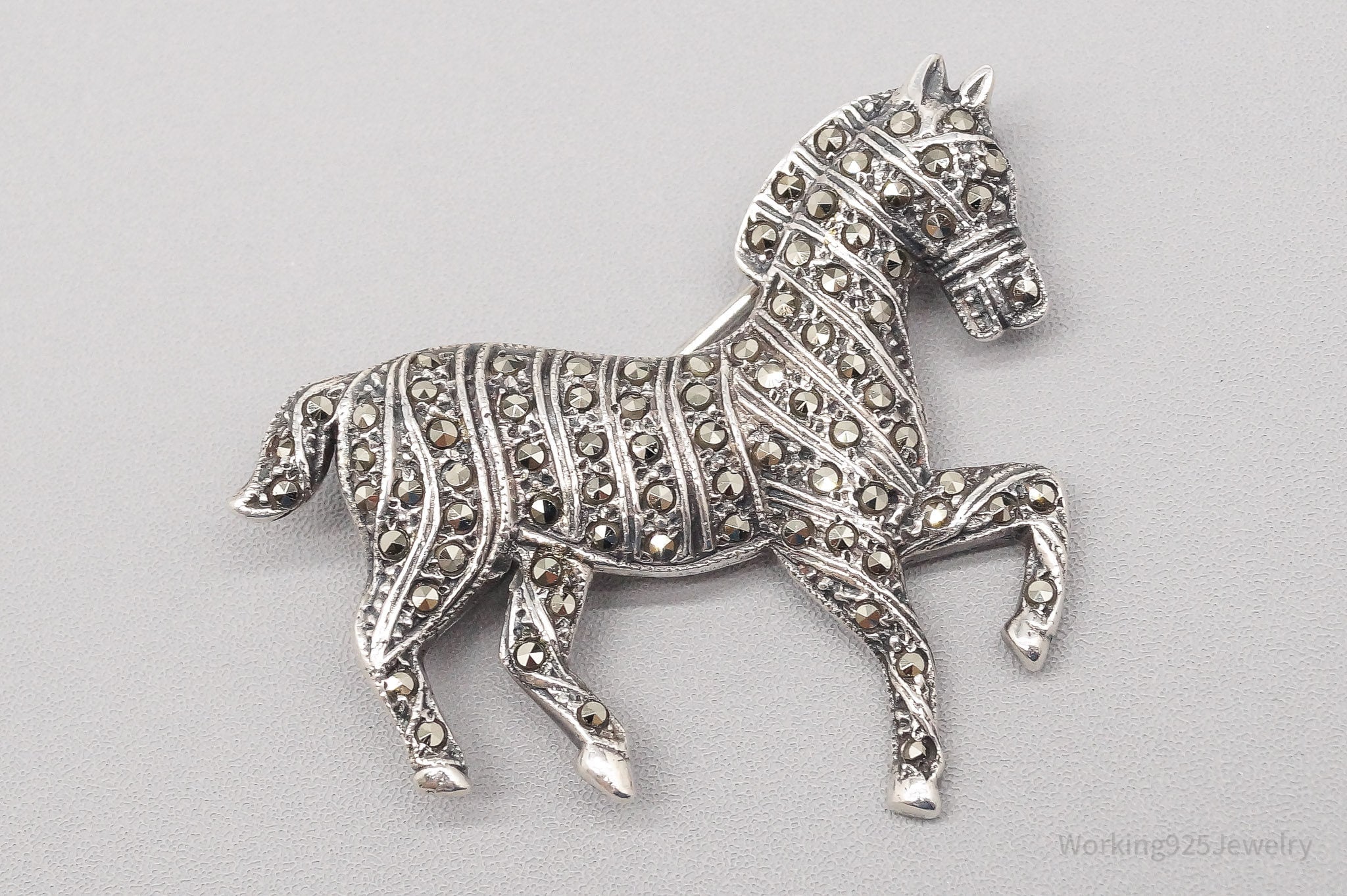 Large Vintage Marcasite Horse Sterling Silver Brooch Pin