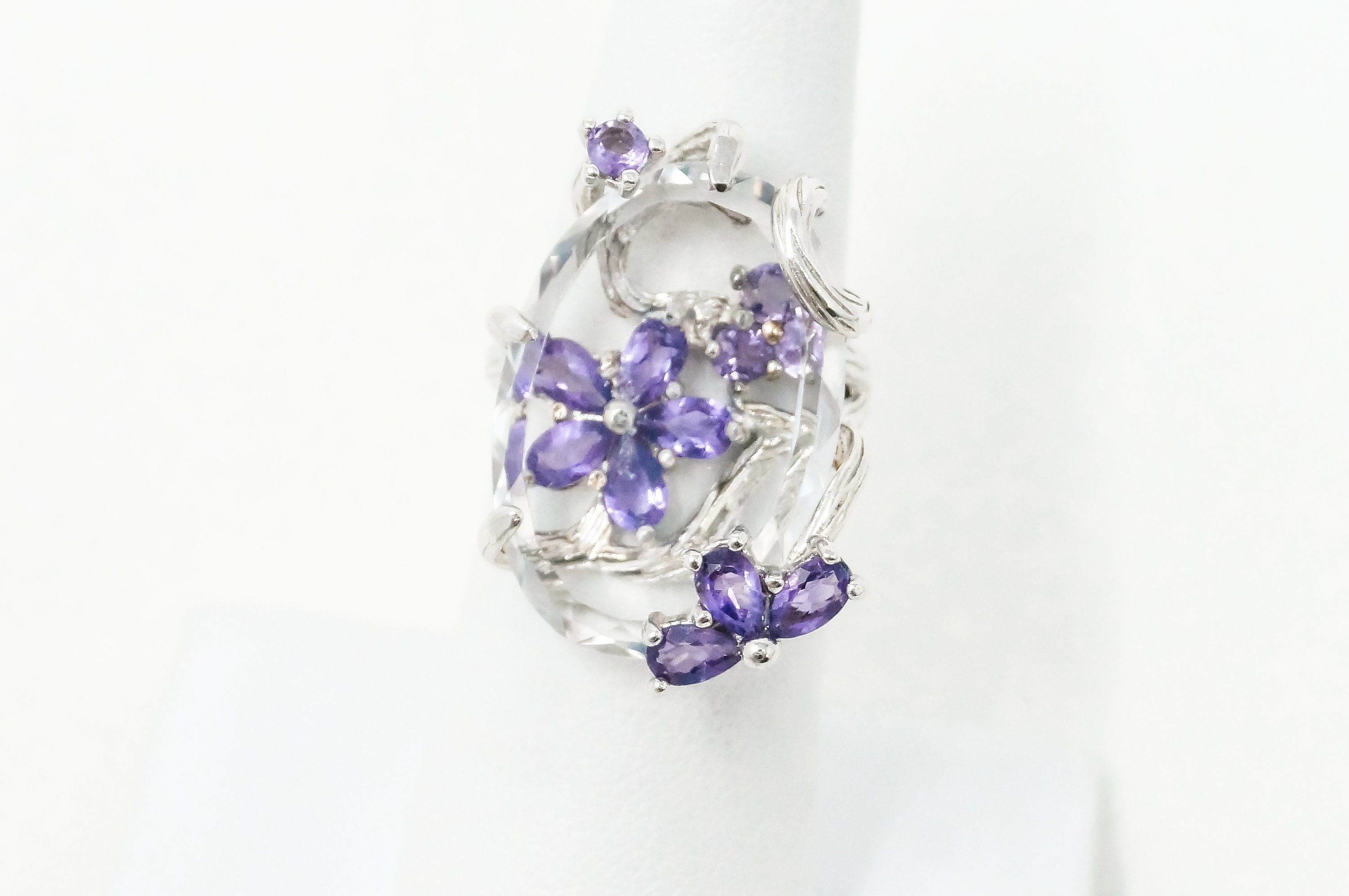 Vintage Large Glass Amethyst Flower Branch Floral Sterling Silver Ring - Sz 6