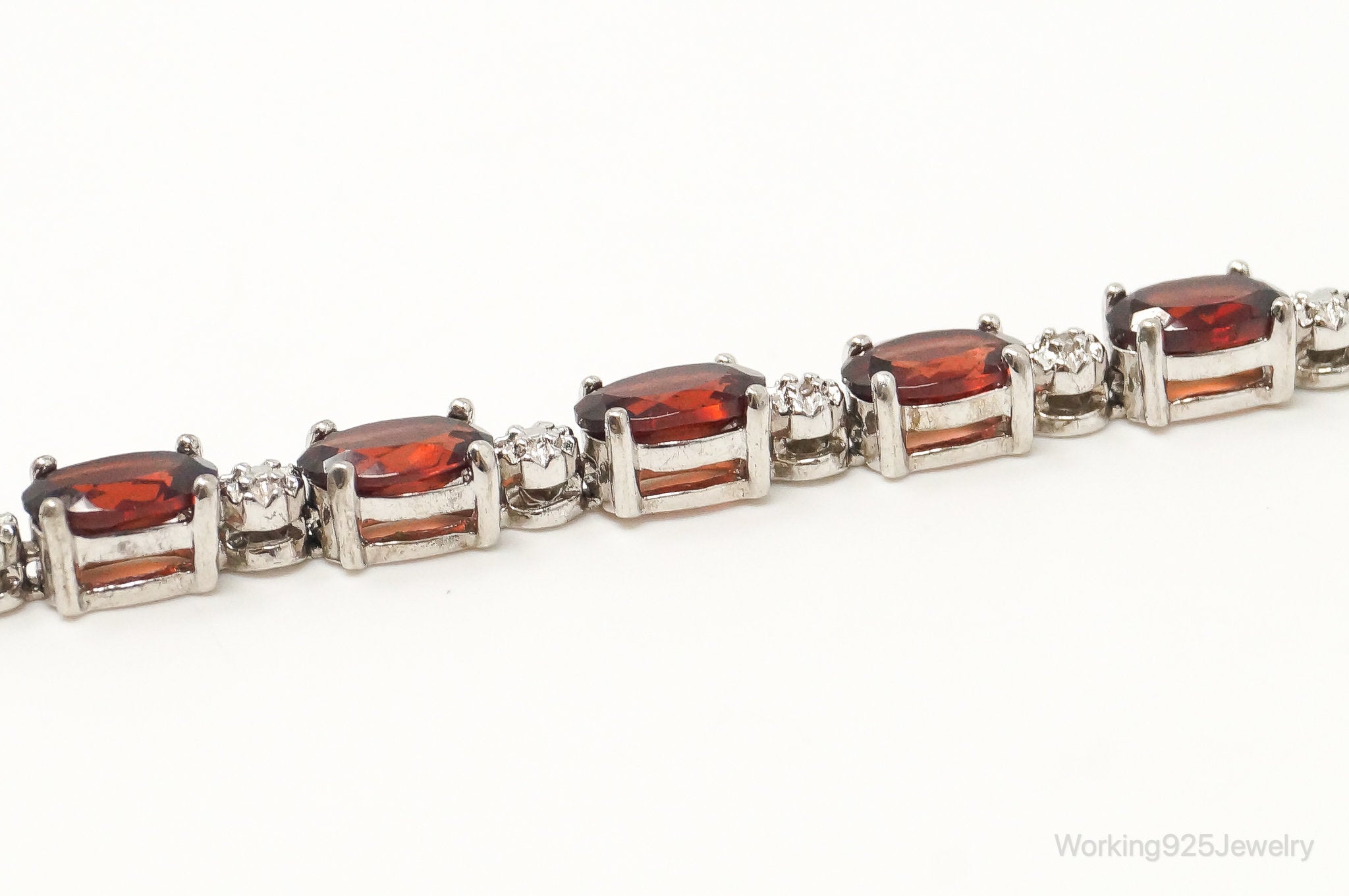 Vintage Red Garnet 2 Diamond Sterling Silver Bracelet