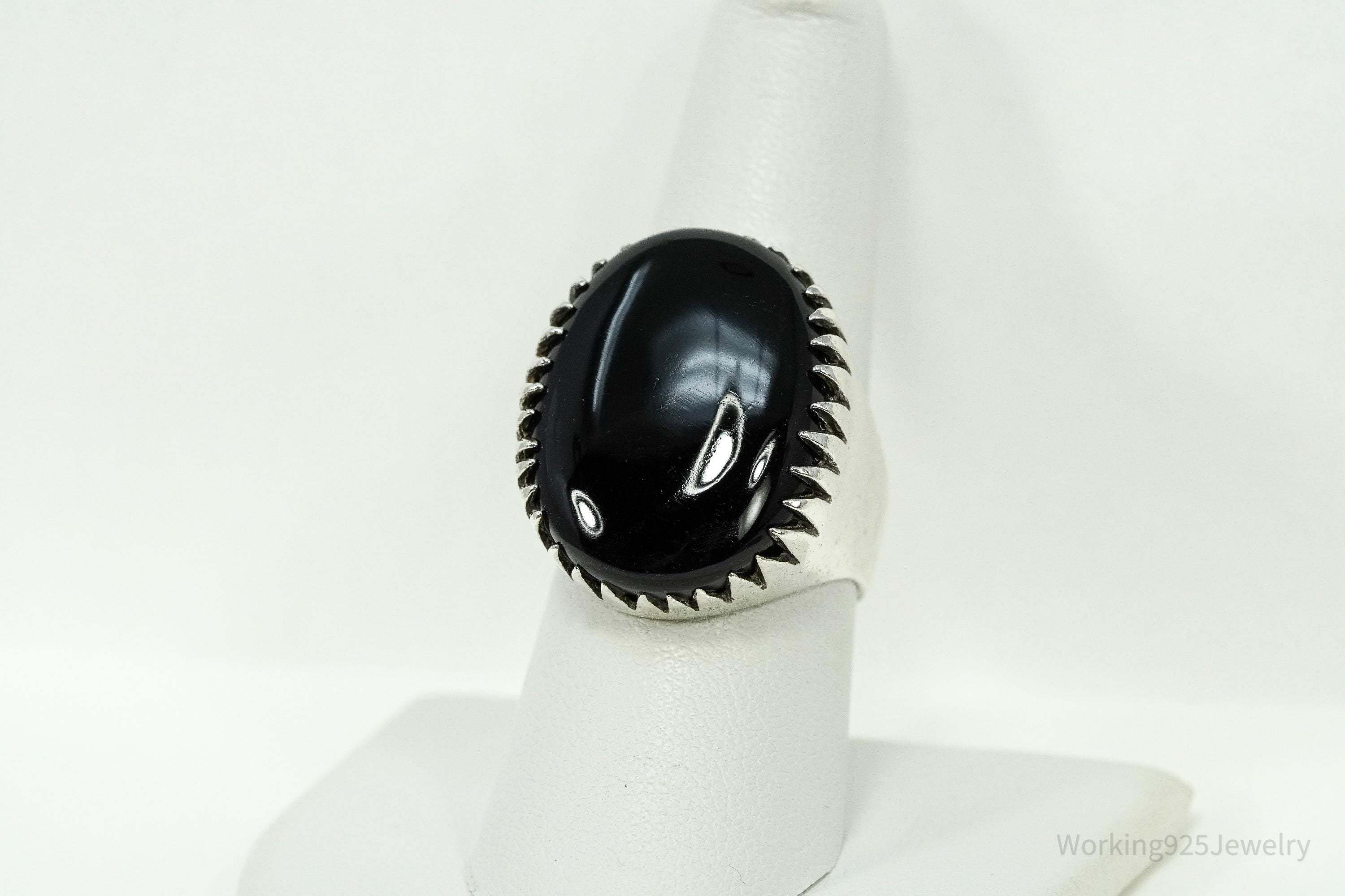 Vintage Large Black Onyx Sterling Silver Ring - Size 8.25
