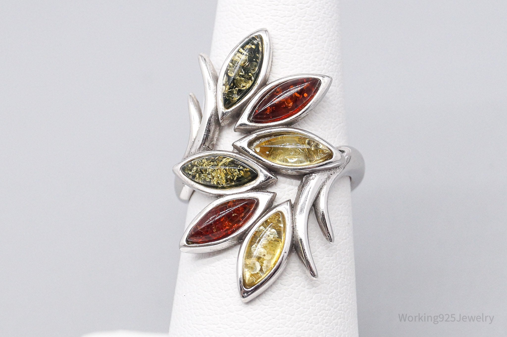 Modernist Style Multi Color Amber Gemstone Sterling Silver Ring - Size 6