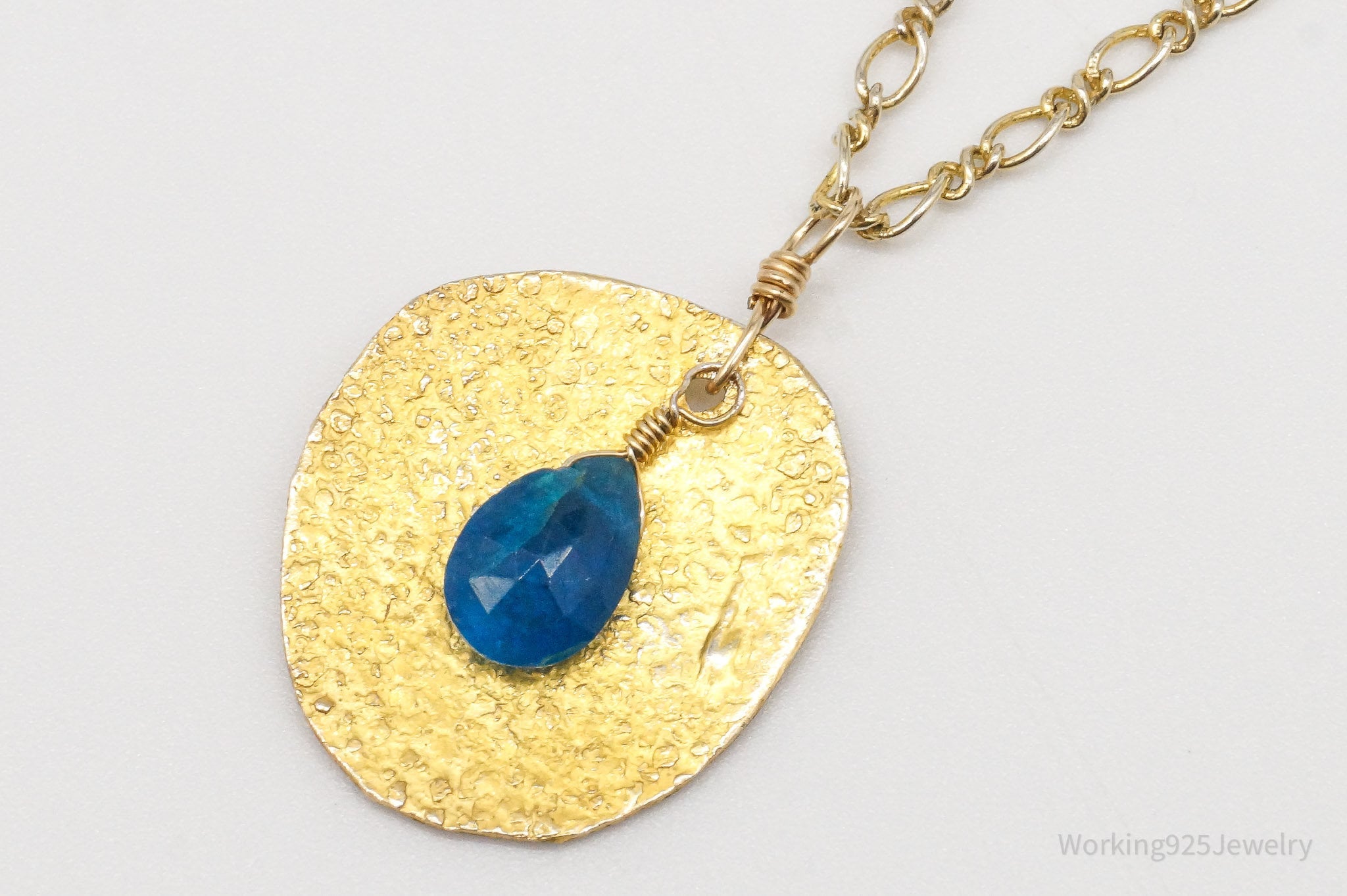 Vintage Blue Stone Hammered Style Gold Vermeil Sterling Silver Necklace 18"