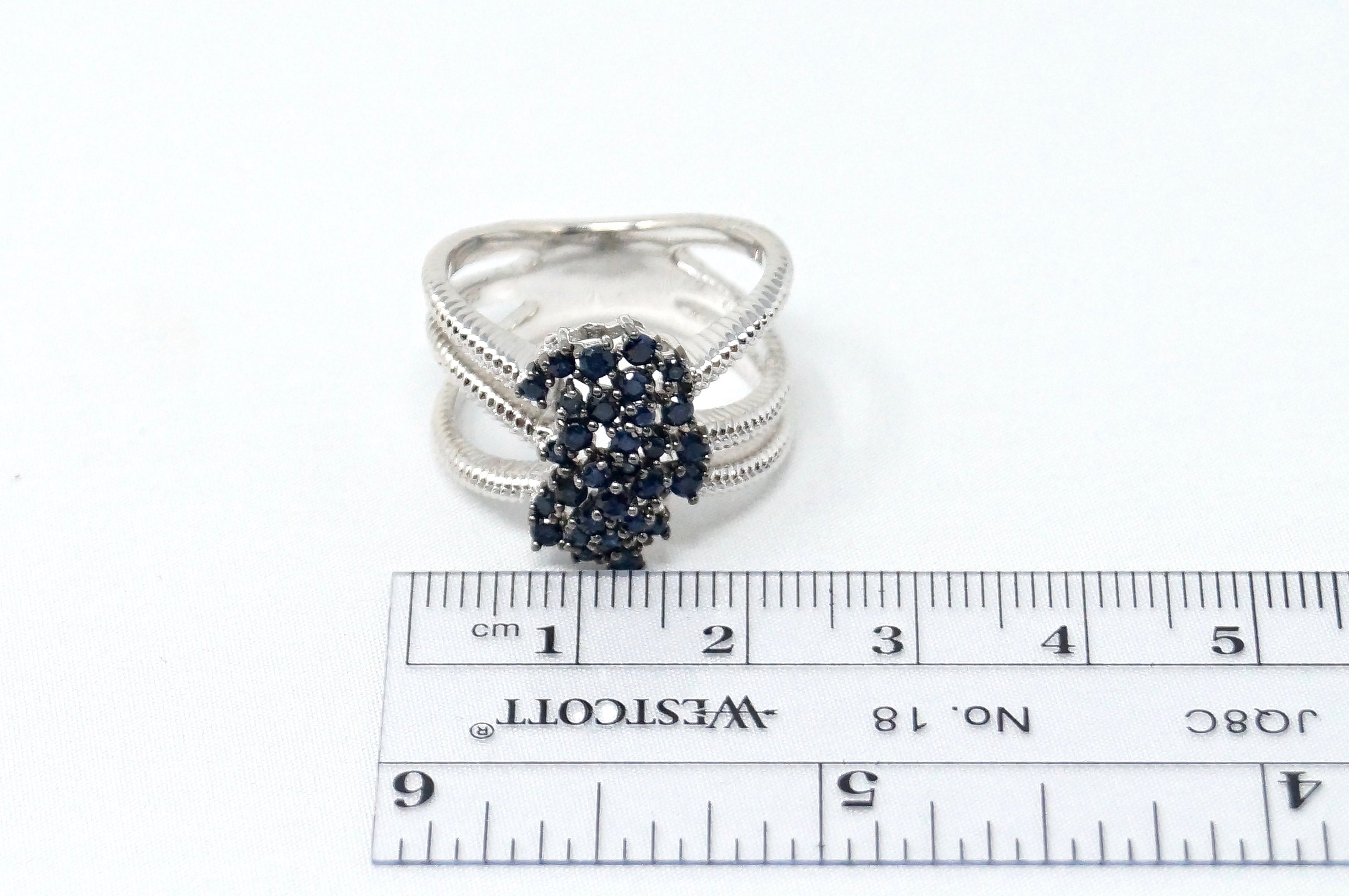 Vtg Designer JS Blue Sapphire Cluster Cable Designer Sterling Silver Ring Sz 9