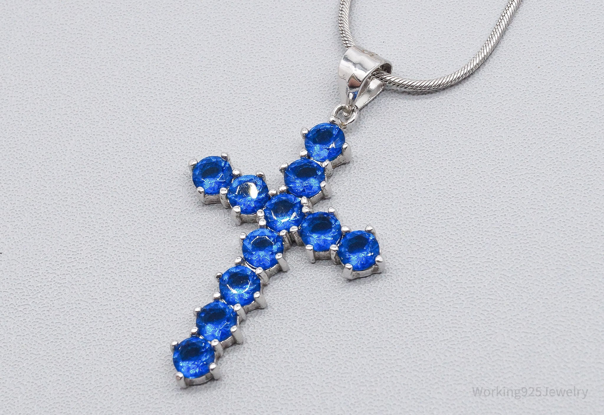 Vintage Blue Stone Cross Sterling Silver Necklace - 18"