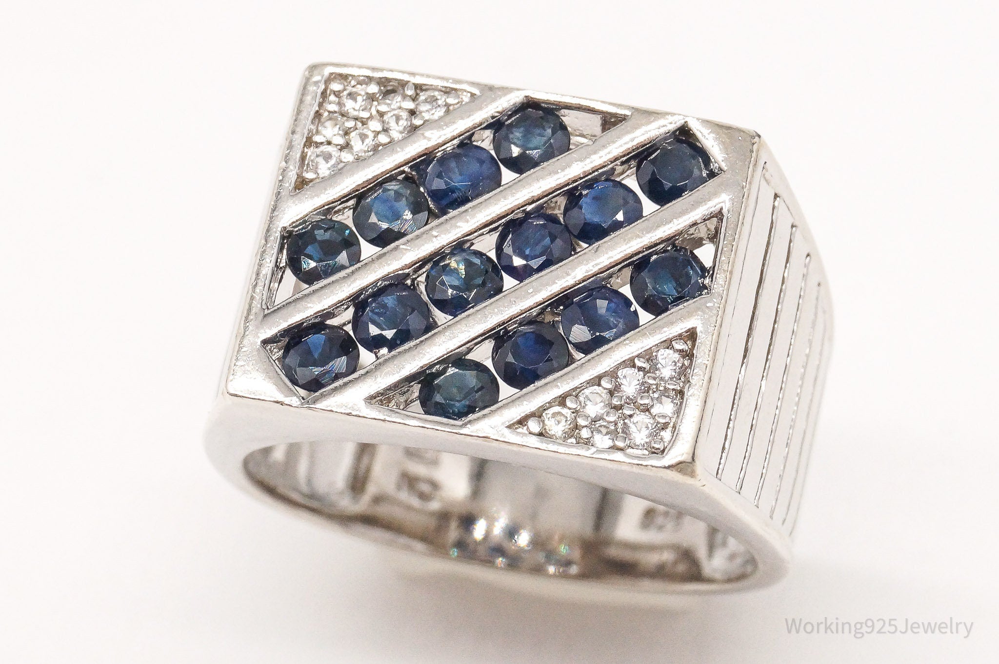 Vintage Sapphire Cubic Zirconia Sterling Silver Ring - Size 9