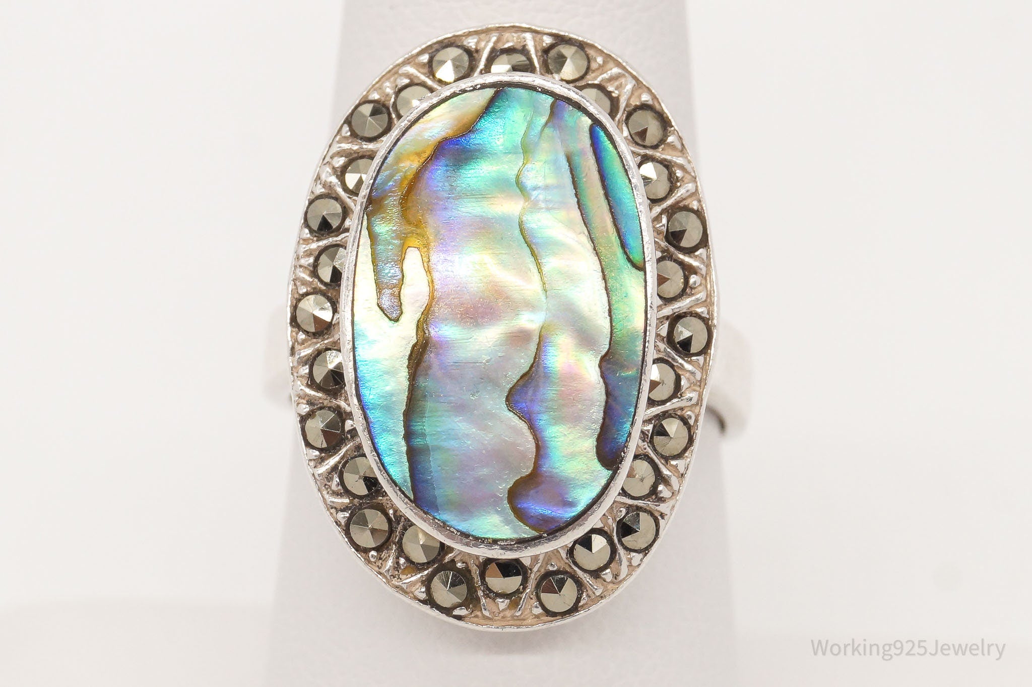 Vintage Paua Abalone Shell Marcasite Sterling Silver Ring - Size 8