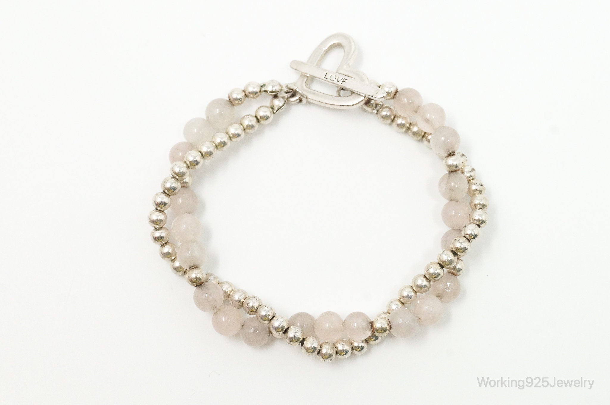 Vintage Rose Quartz Beaded Sterling Silver Heart Toggle Bracelet