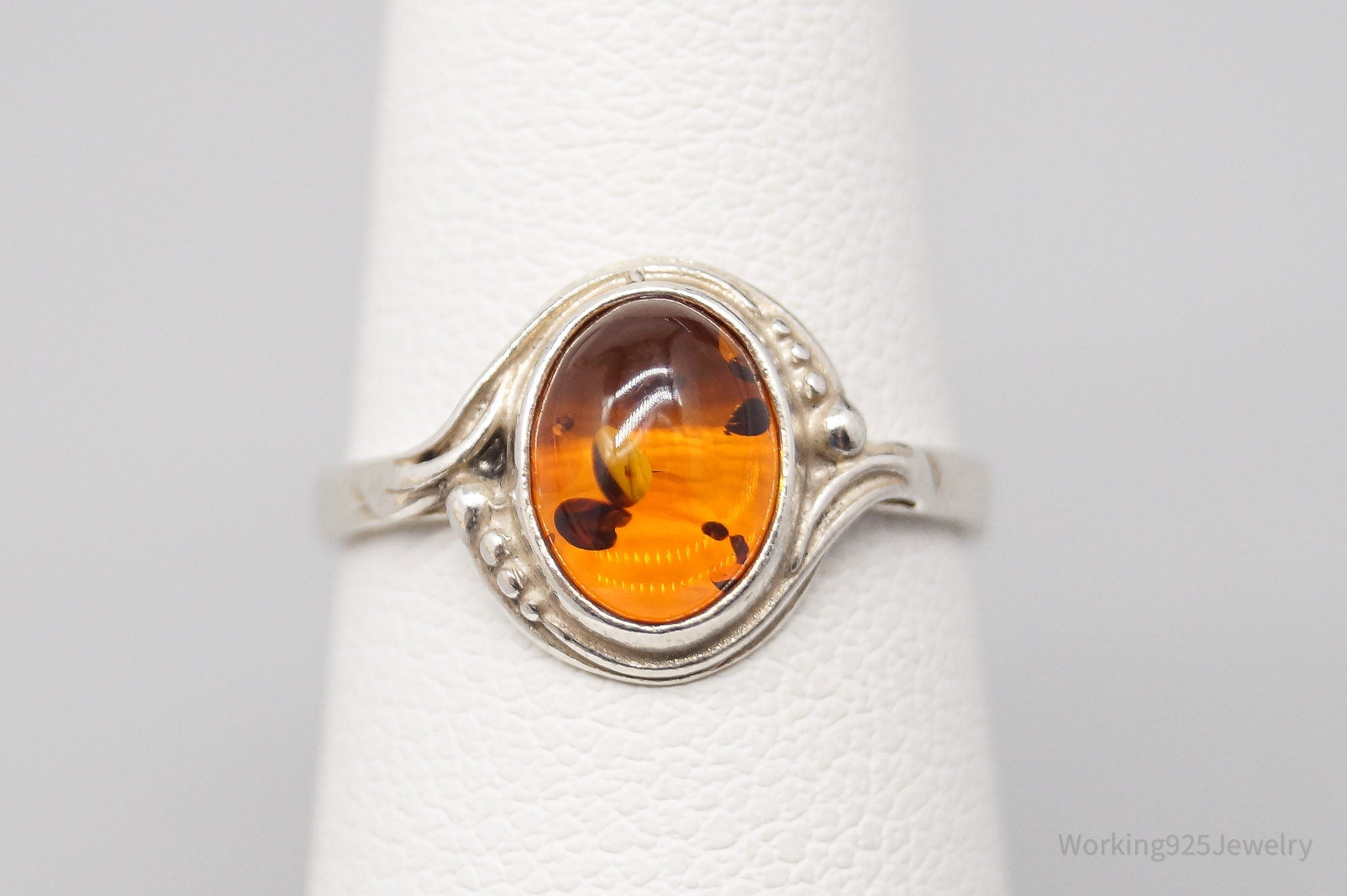 Vintage Amber Modernist Sterling Silver Ring - Size 4.75