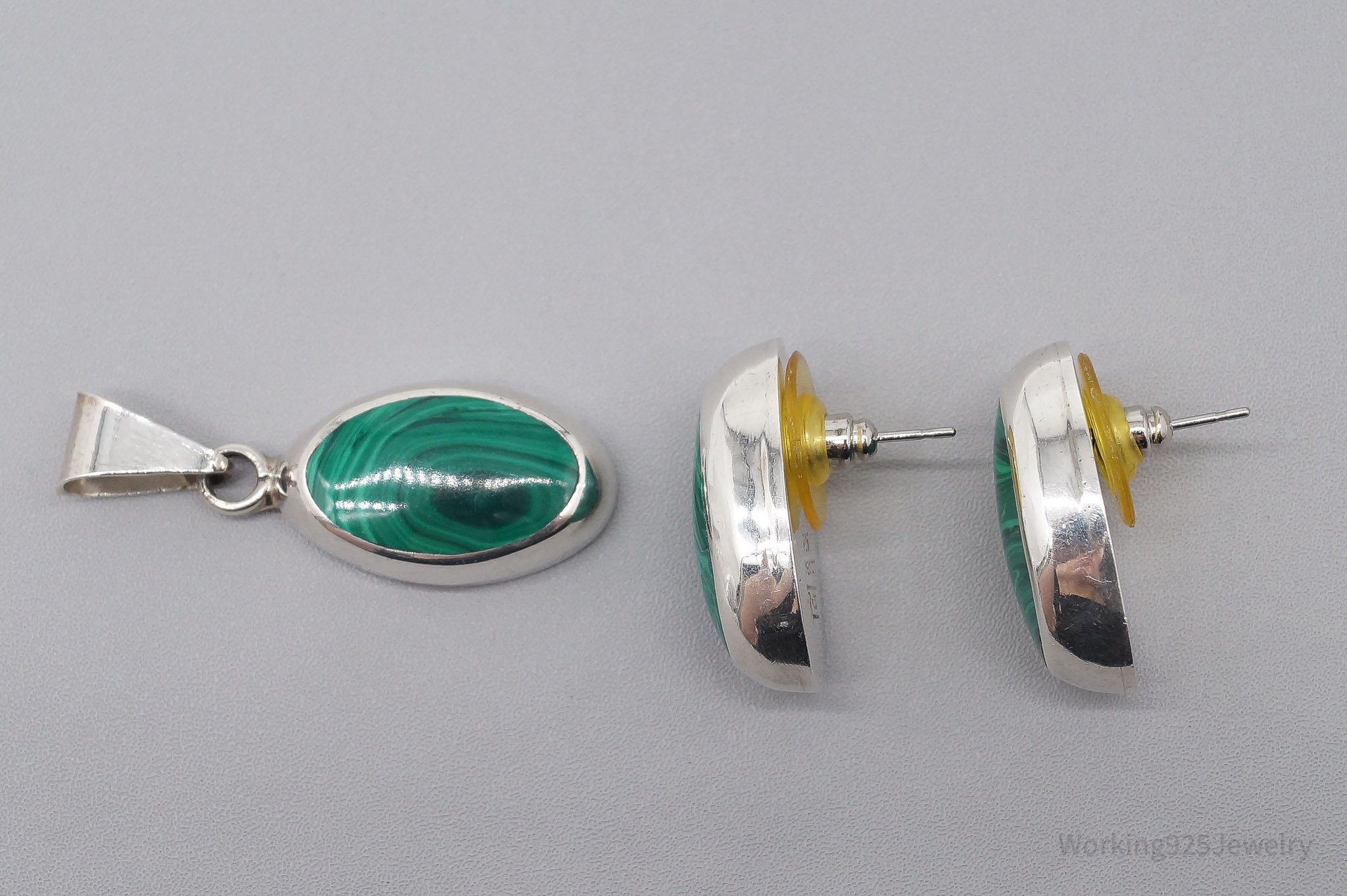 Vintage Taxco Mexico Malachite Sterling Silver Earrings & Pendant Set